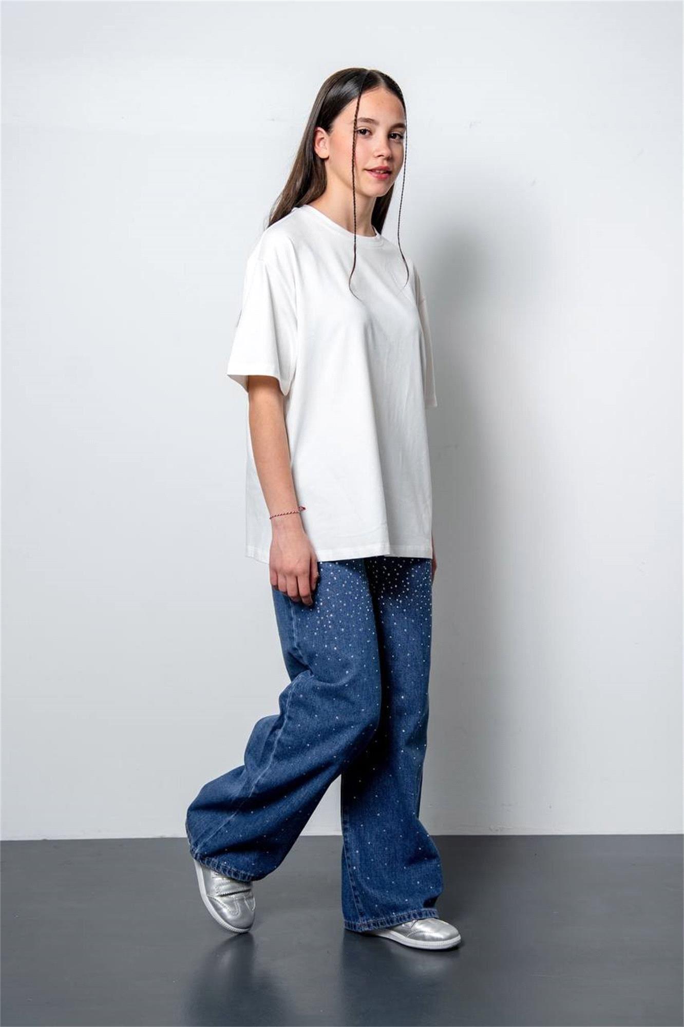 Loco Loco Kız Çocuk Taşlı Pantolon Orta Mavi 6184