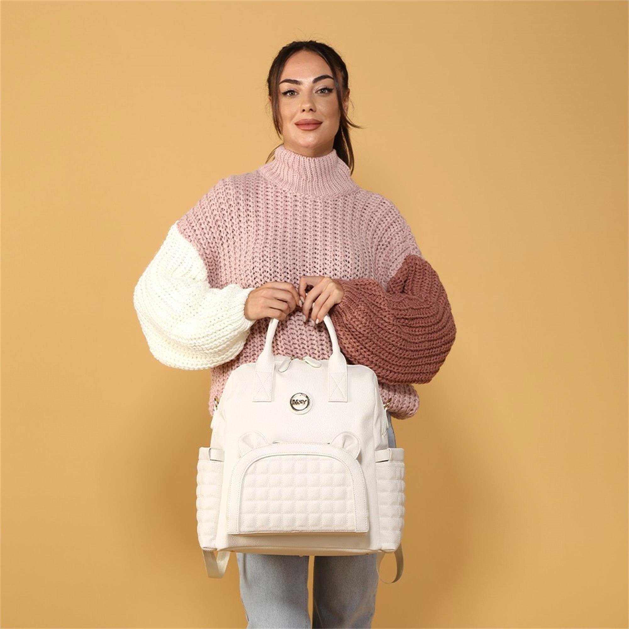 MY Collection Kıtty Deri Anne Bebek Bakım Sırt Çantası Krem 7271