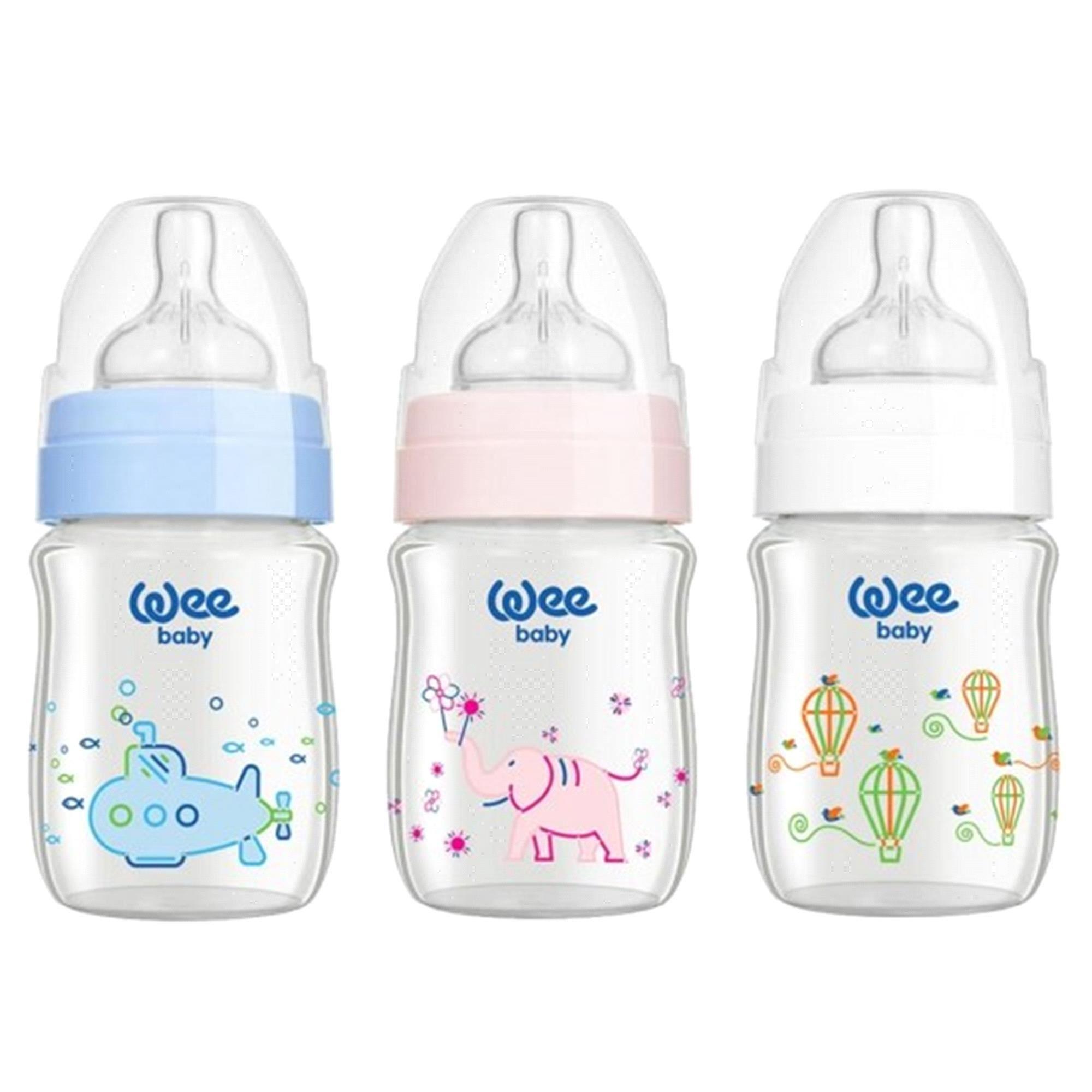 Wee 139 Klasik Geniş Ağızlı Isıya Dayanıklı Cam Biberon 120 ml 0-6 Ay Mavi