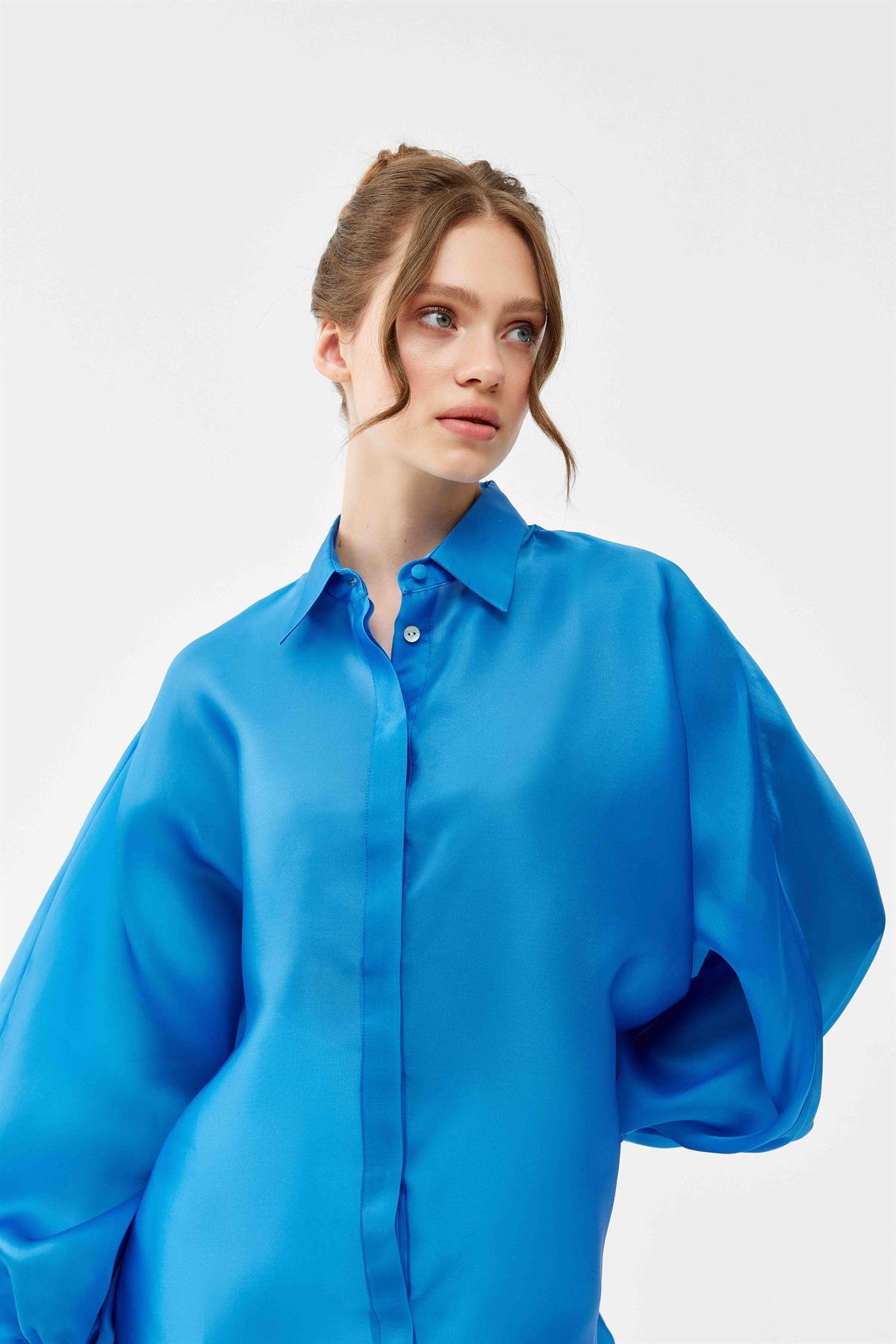 İpek Organze Oversize Mavi Gömlek