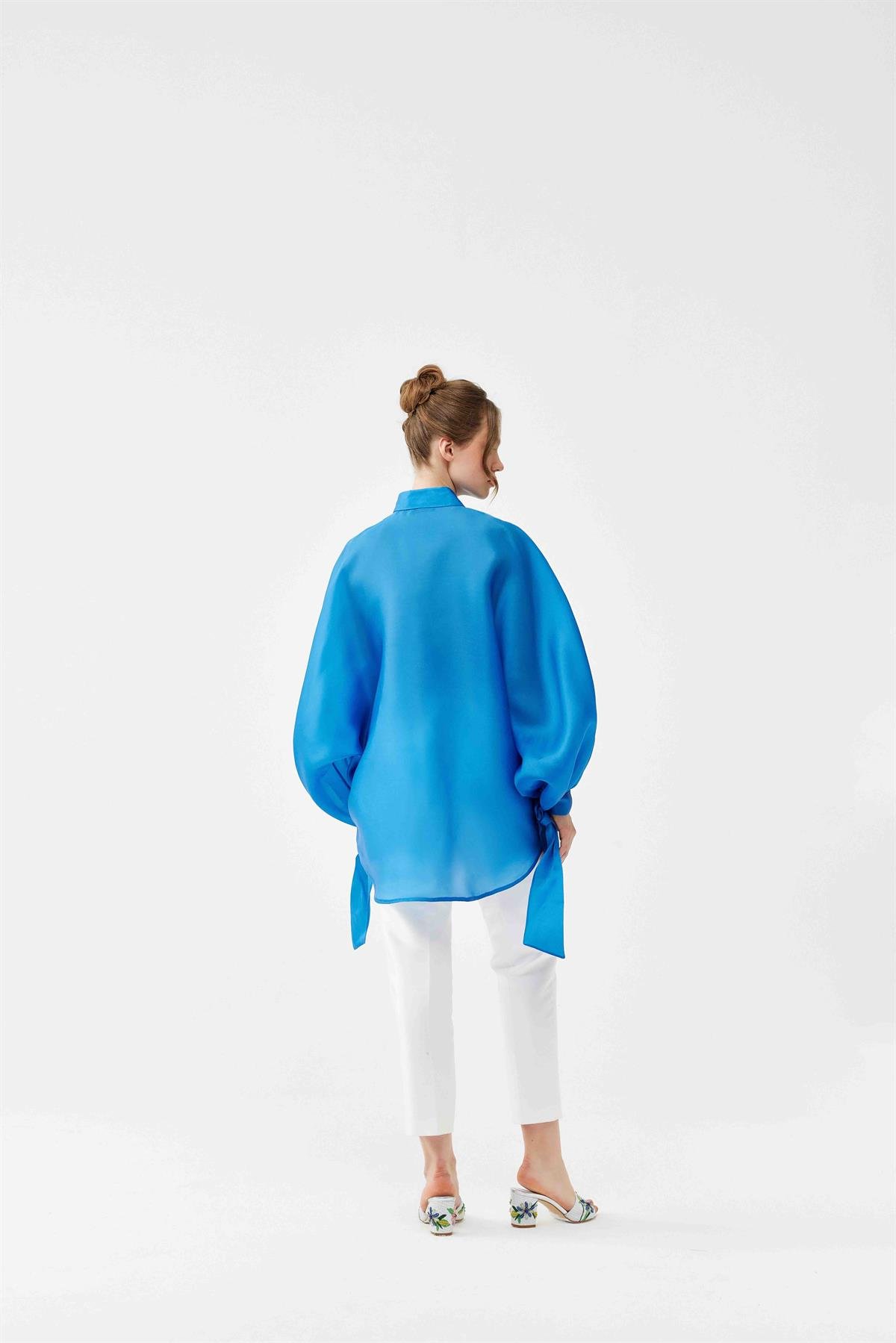 İpek Organze Oversize Mavi Gömlek