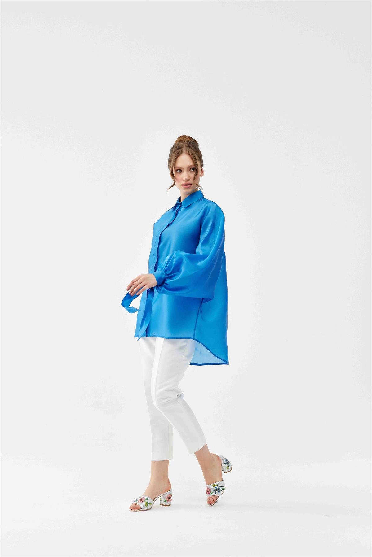 İpek Organze Oversize Mavi Gömlek