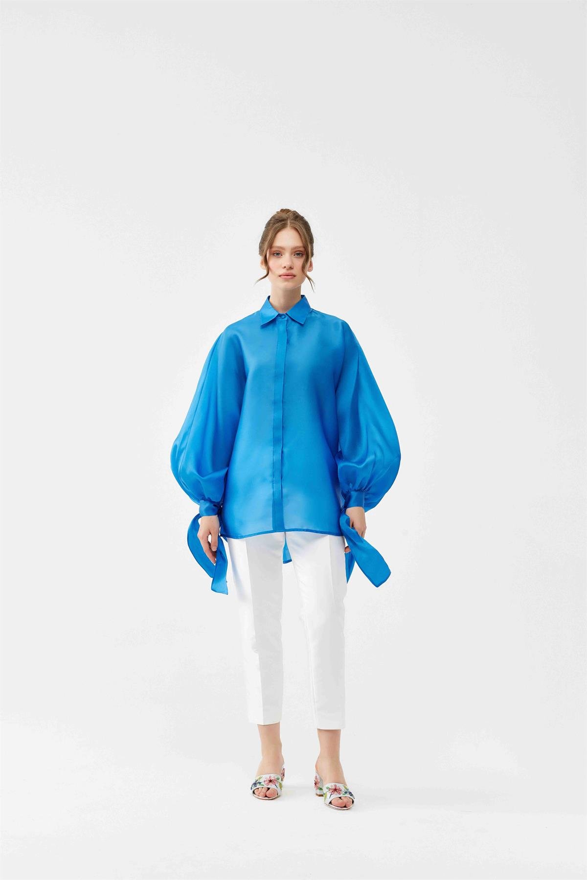 İpek Organze Oversize Mavi Gömlek