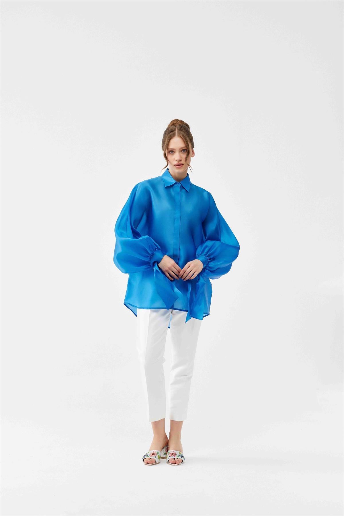 İpek Organze Oversize Mavi Gömlek