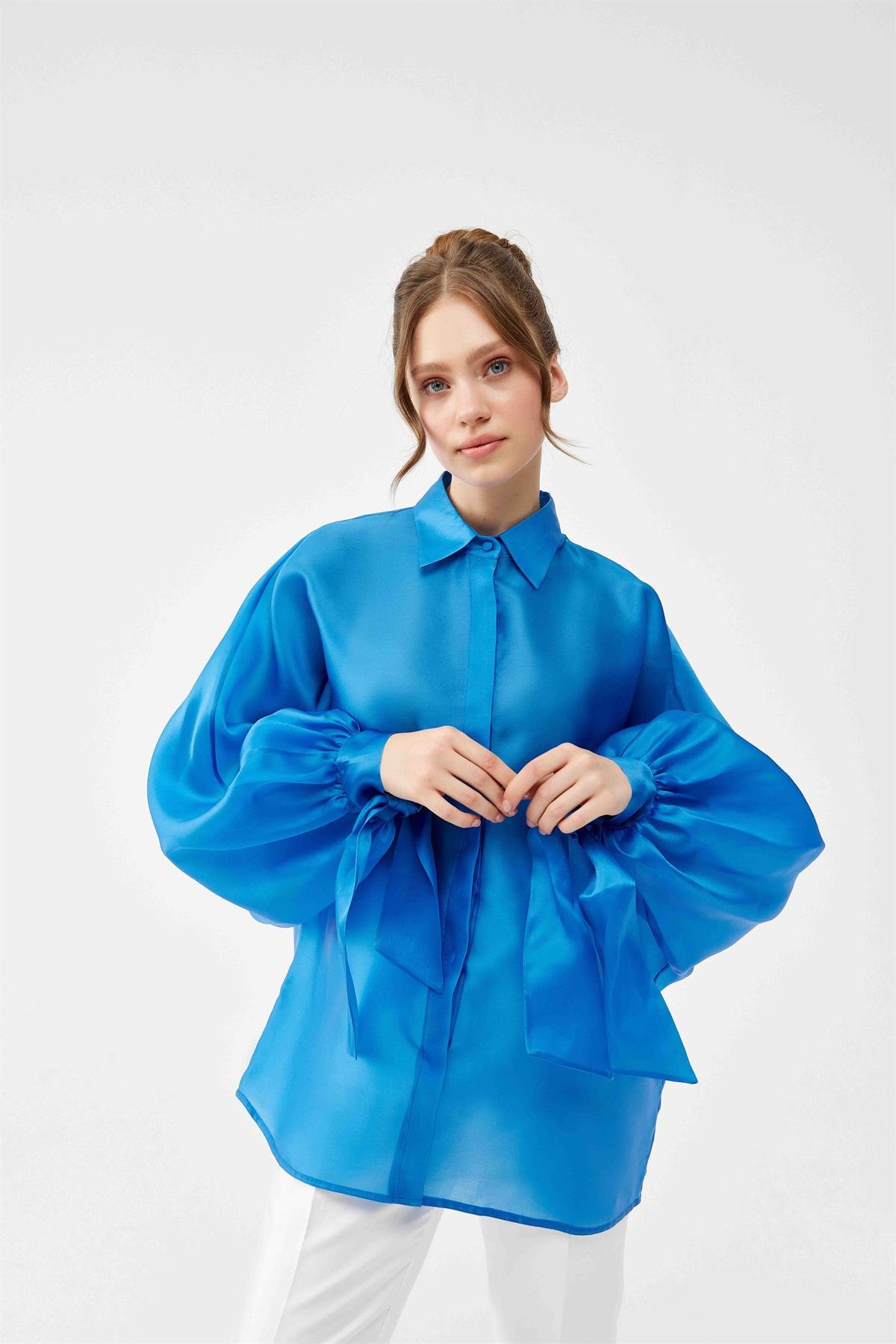 İpek Organze Oversize Mavi Gömlek