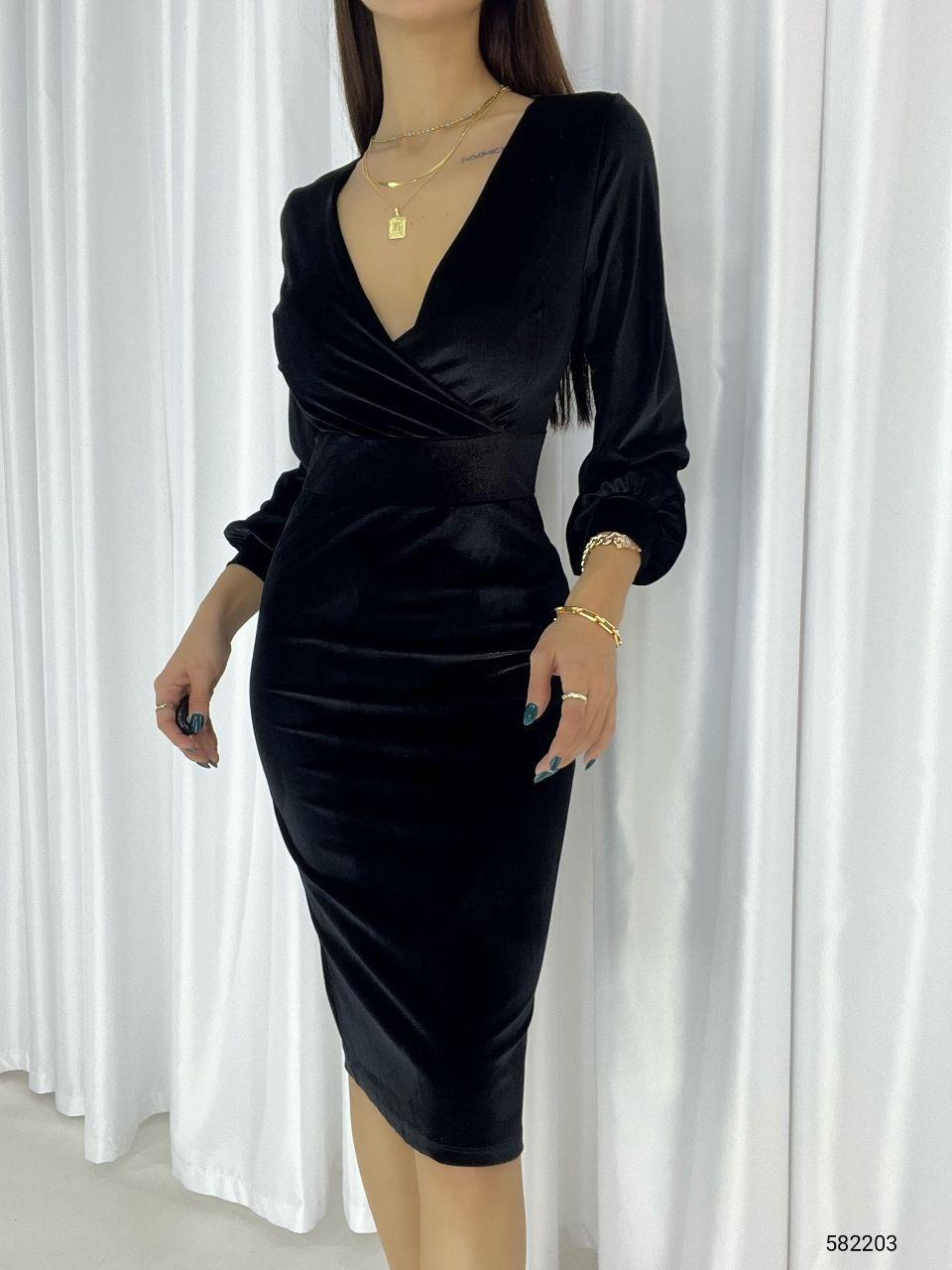  Kadife Kumaş Kruvaze Yaka Balon Kol Kalem Elbisemiz Siyah