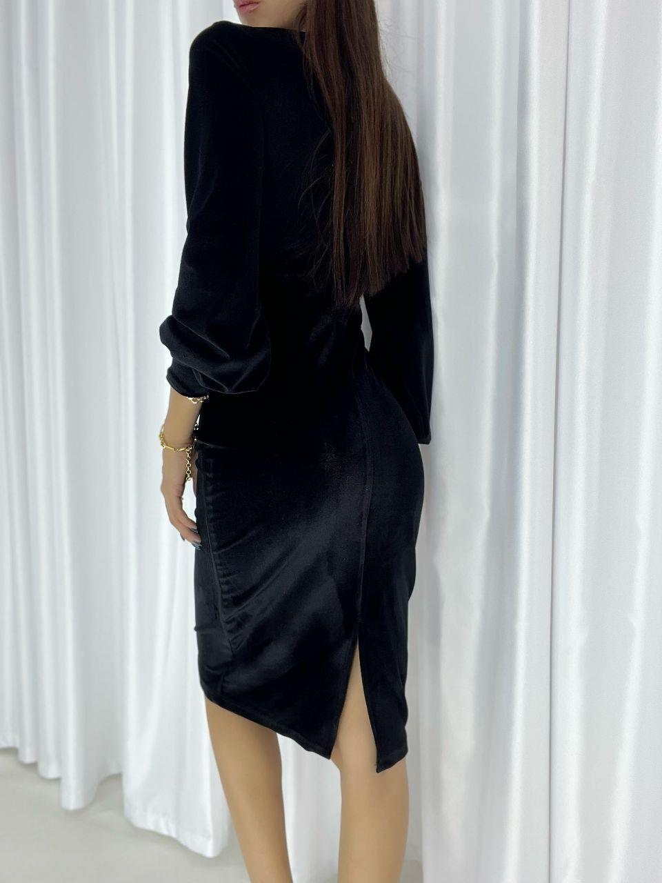  Kadife Kumaş Kruvaze Yaka Balon Kol Kalem Elbisemiz Siyah