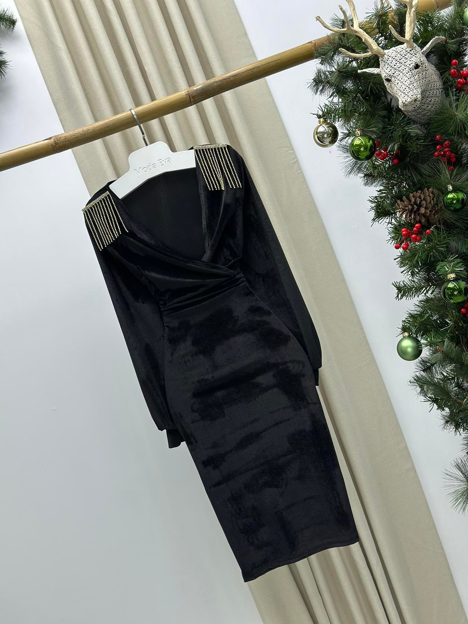  Kadife Kumaş Kruvaze Yaka Balon Kol Kalem Elbisemiz Siyah