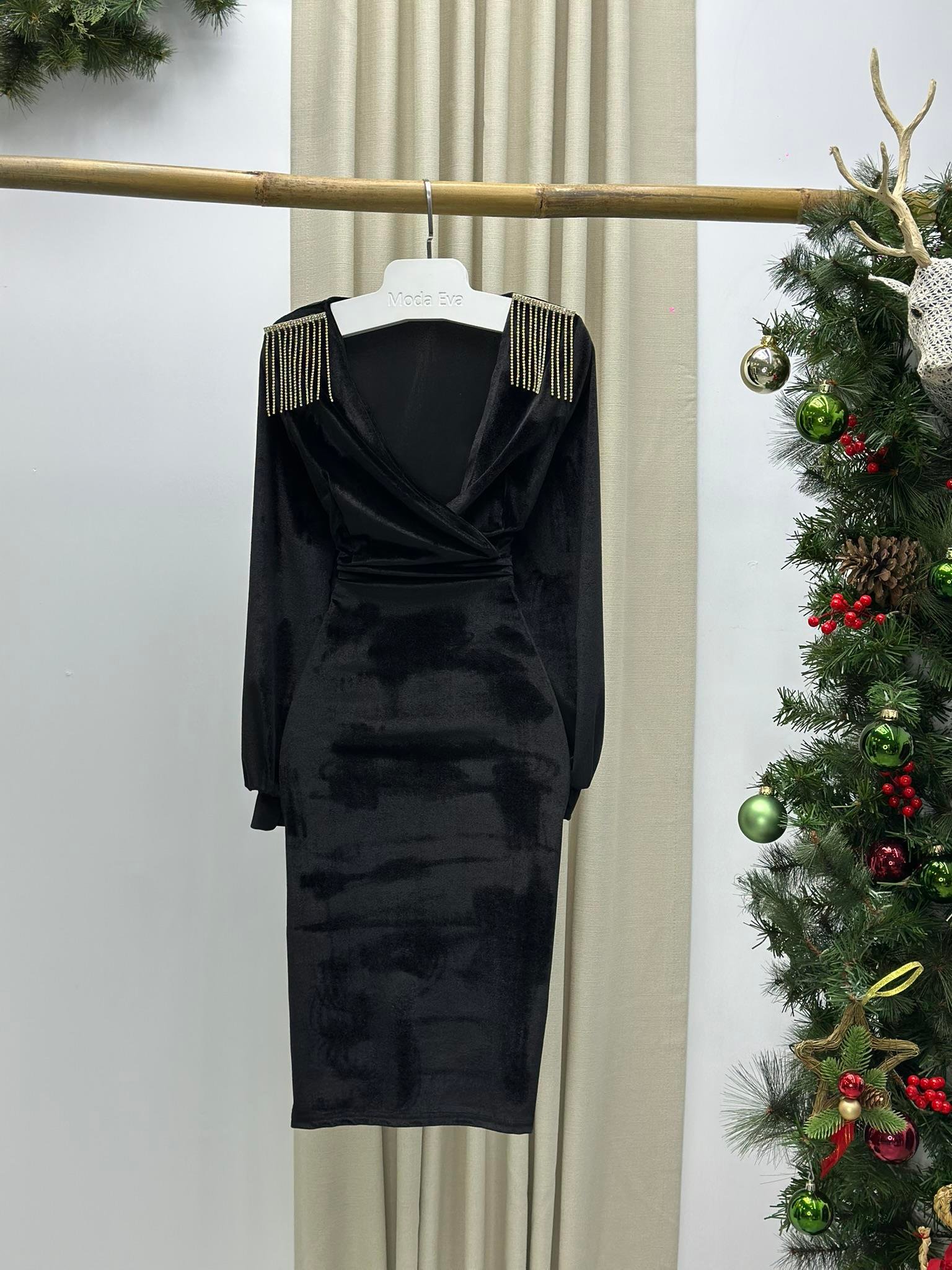  Kadife Kumaş Kruvaze Yaka Balon Kol Kalem Elbisemiz Siyah