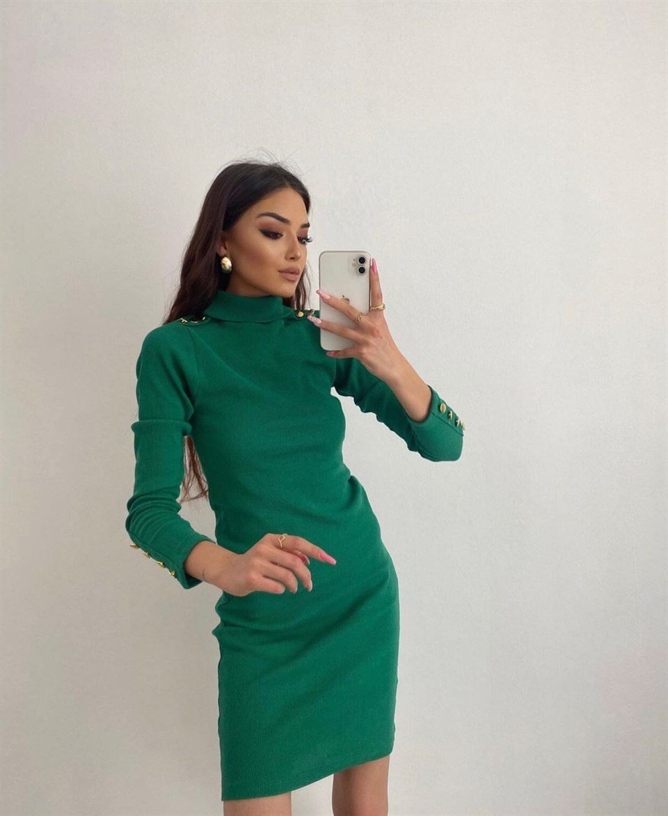  Kaşkorse Kumaş Omuz ve Kol Gold Düğme Detaylı Balıkçı Yaka Elbise