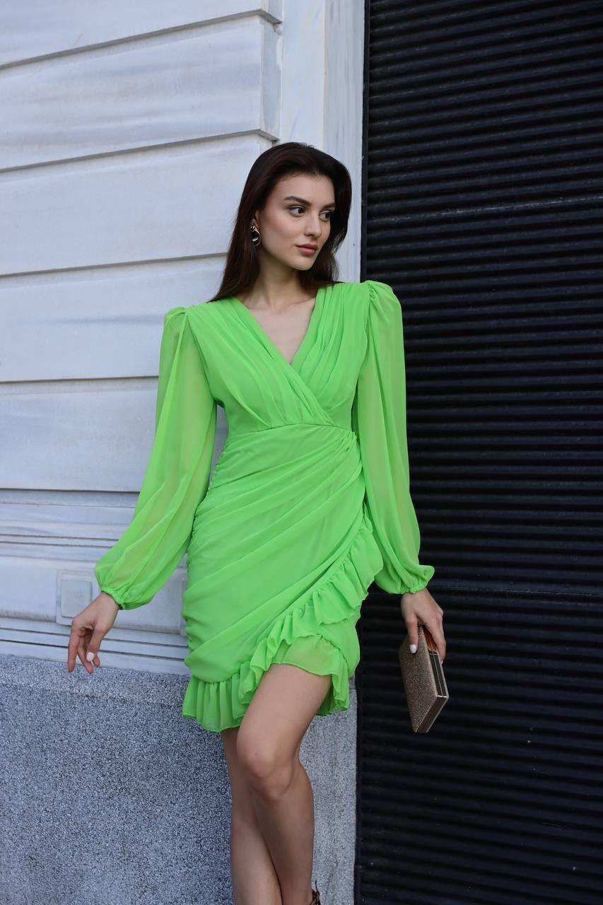  Kruvaze Yaka Zarf Etekli Balon Kol Drapeli Tasarım Elbisemiz