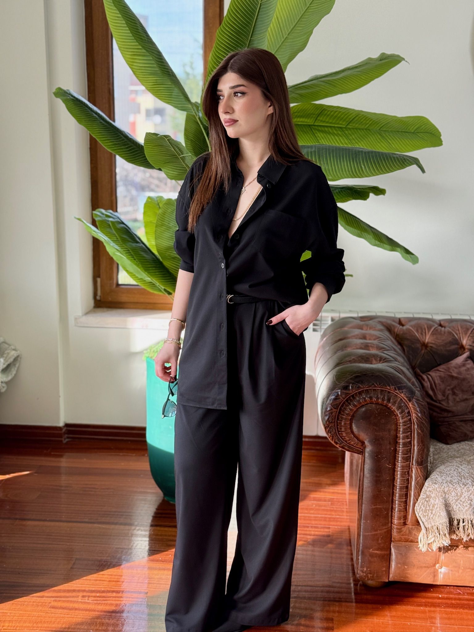  Tensel Kumaş Rahat Kalıp Gömlek Pileli Palazzo Pantolon İkili Takım Siyah