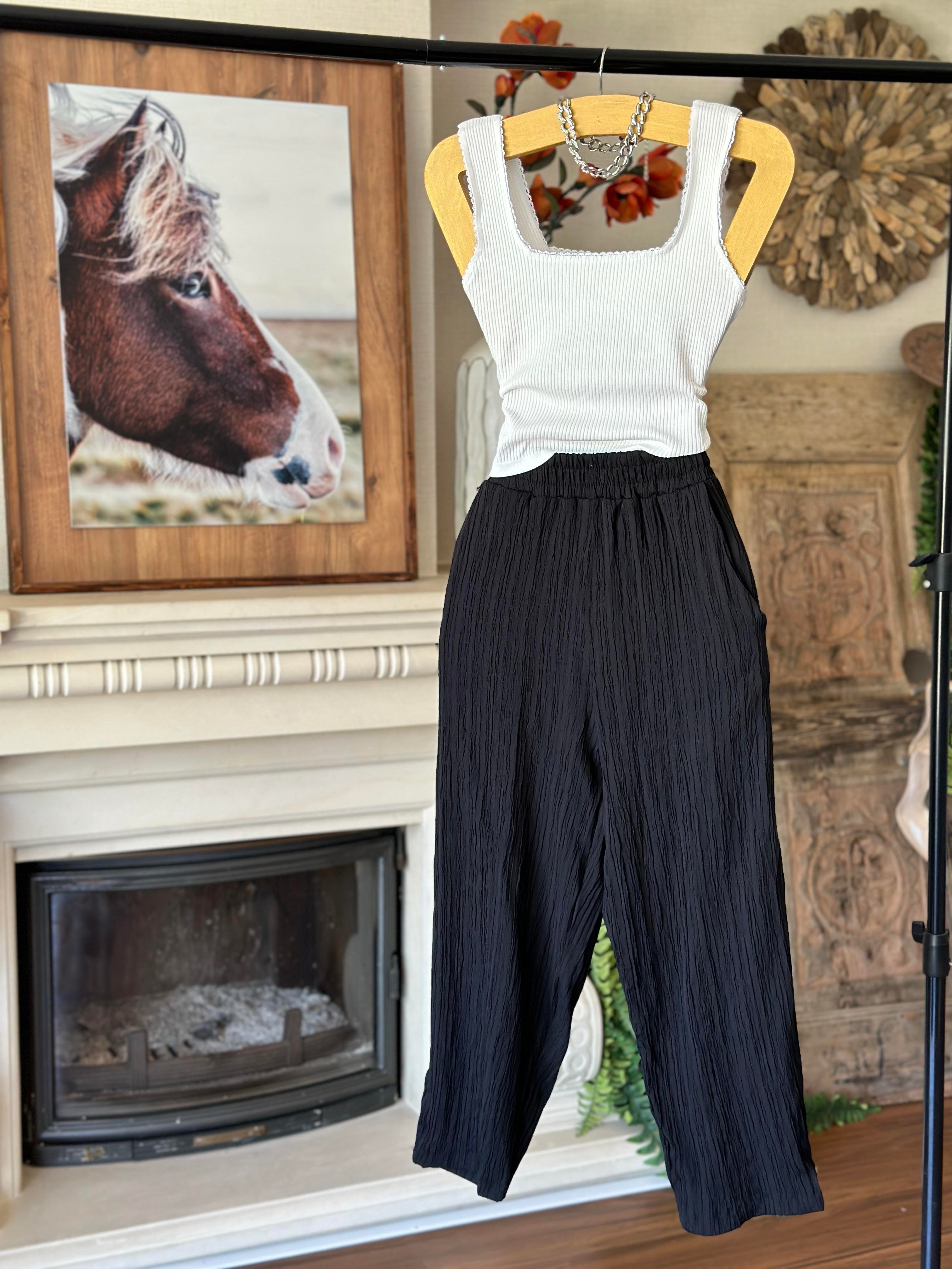 Ağaç Kabuğu Kumaş Beli Yüksek Bel Lastikli Rahat Kesim Pantolon 