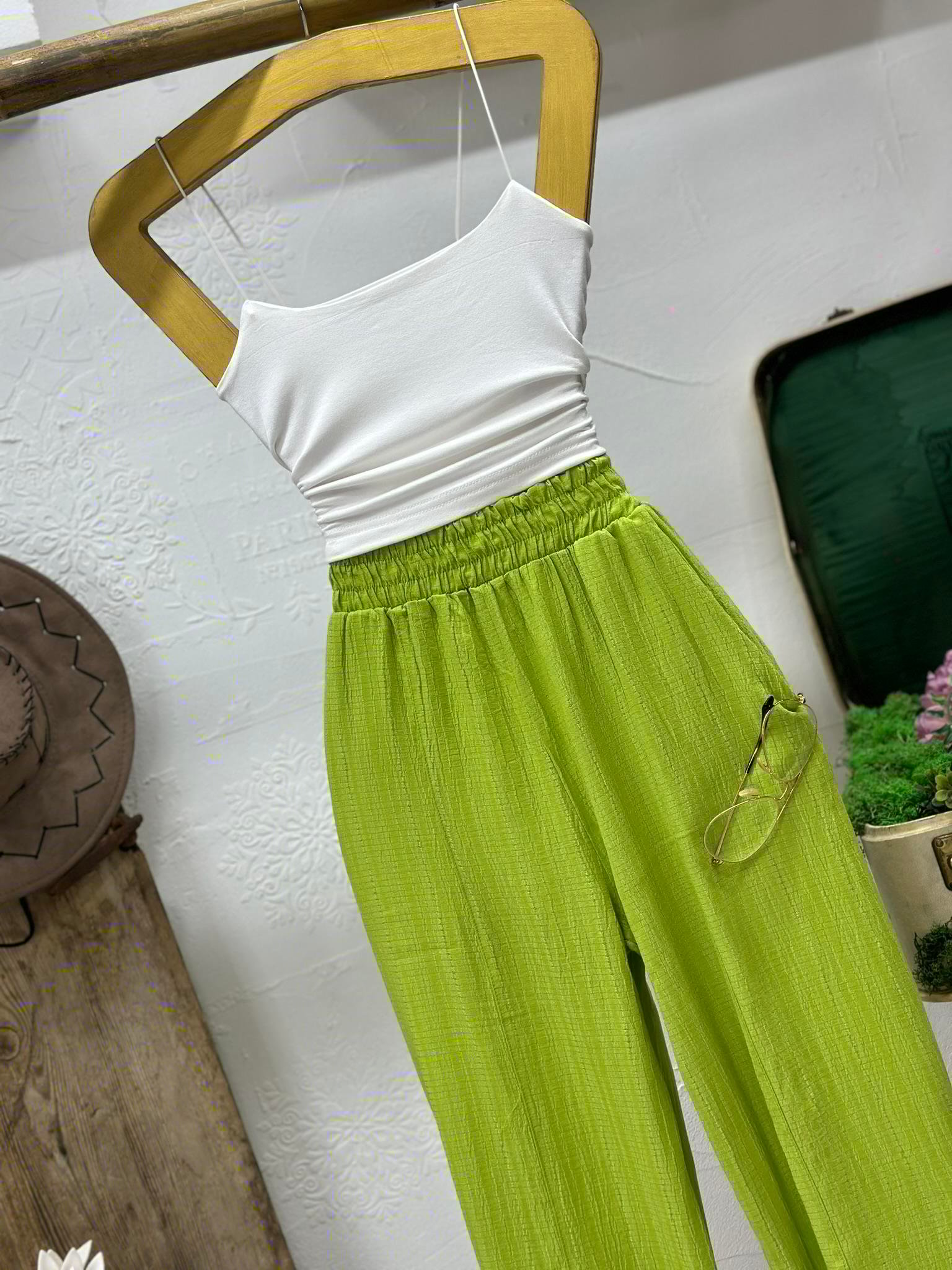 Ağaç Kabuğu Kumaş Beli Yüksek Bel Lastikli Rahat Kesim Pantolon 