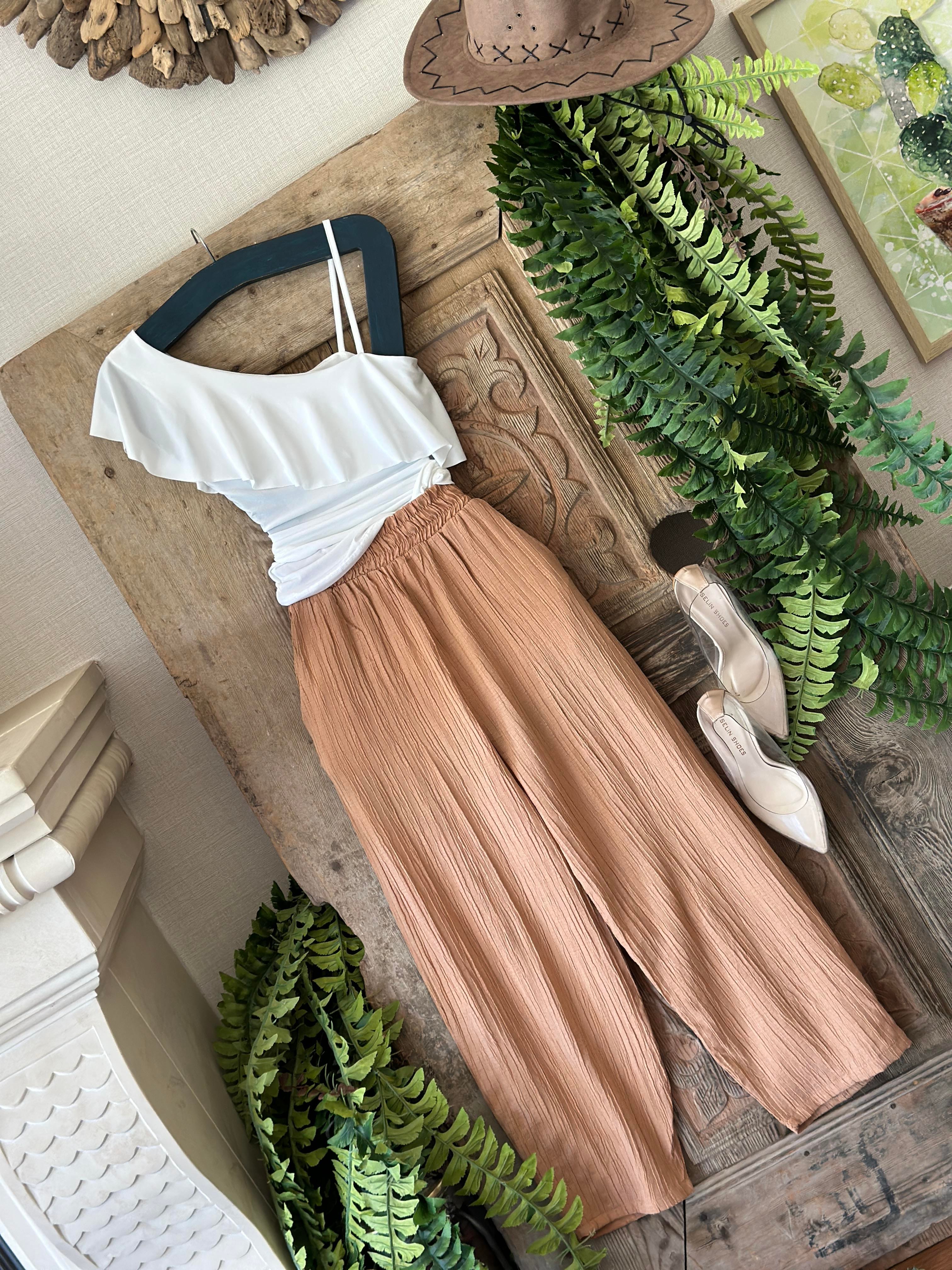 Ağaç Kabuğu Kumaş Beli Yüksek Bel Lastikli Rahat Kesim Pantolon 