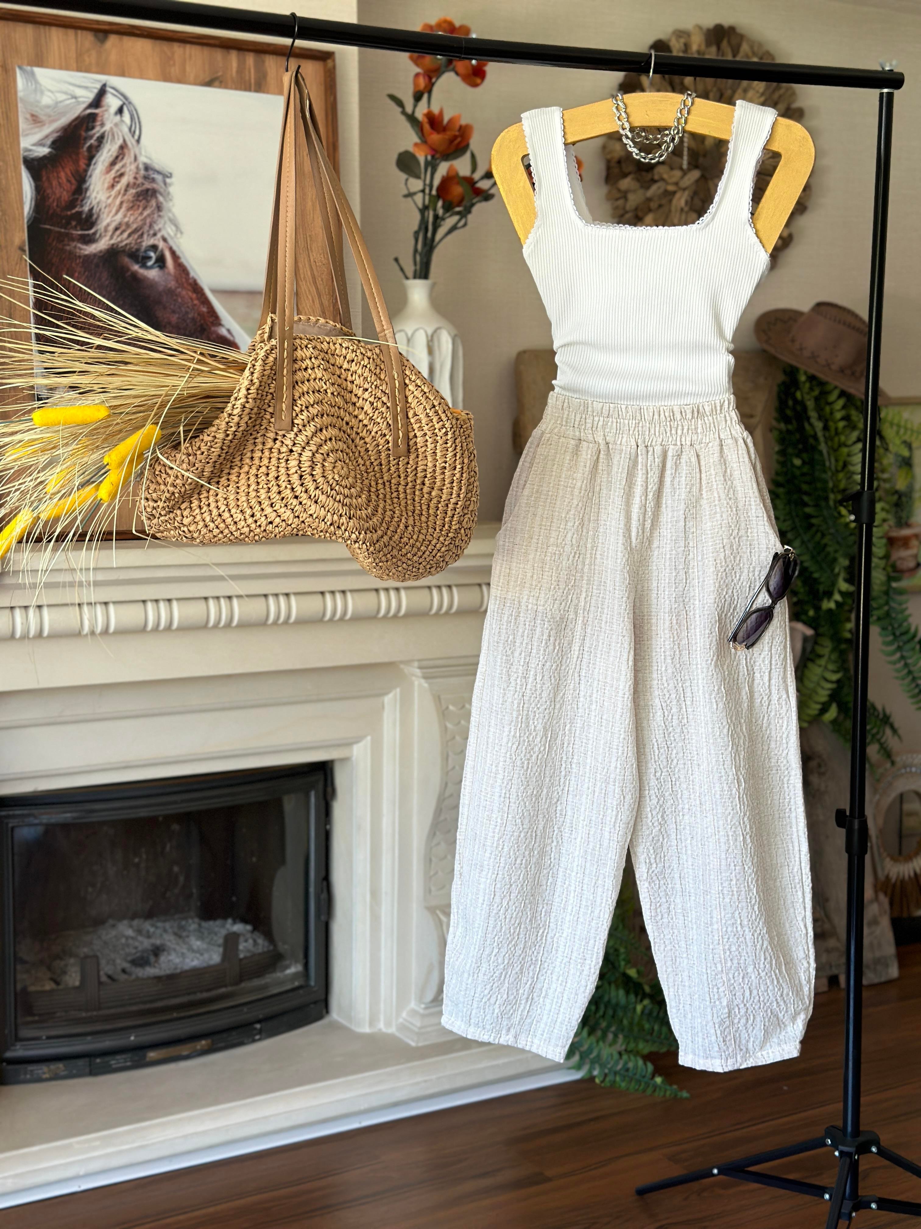 Ağaç Kabuğu Kumaş Beli Yüksek Bel Lastikli Rahat Kesim Pantolon 