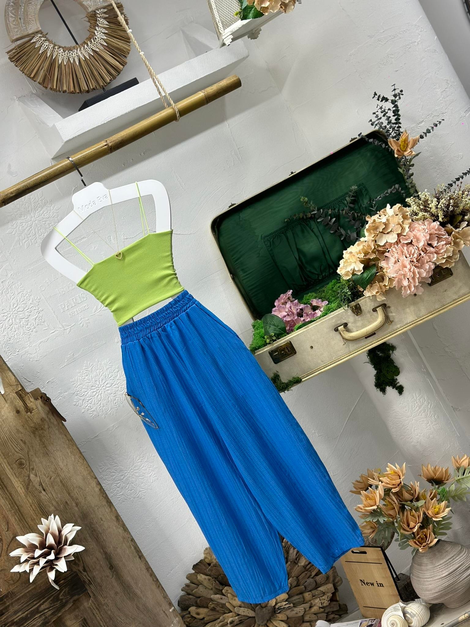 Ağaç Kabuğu Kumaş Beli Yüksek Bel Lastikli Rahat Kesim Pantolon 