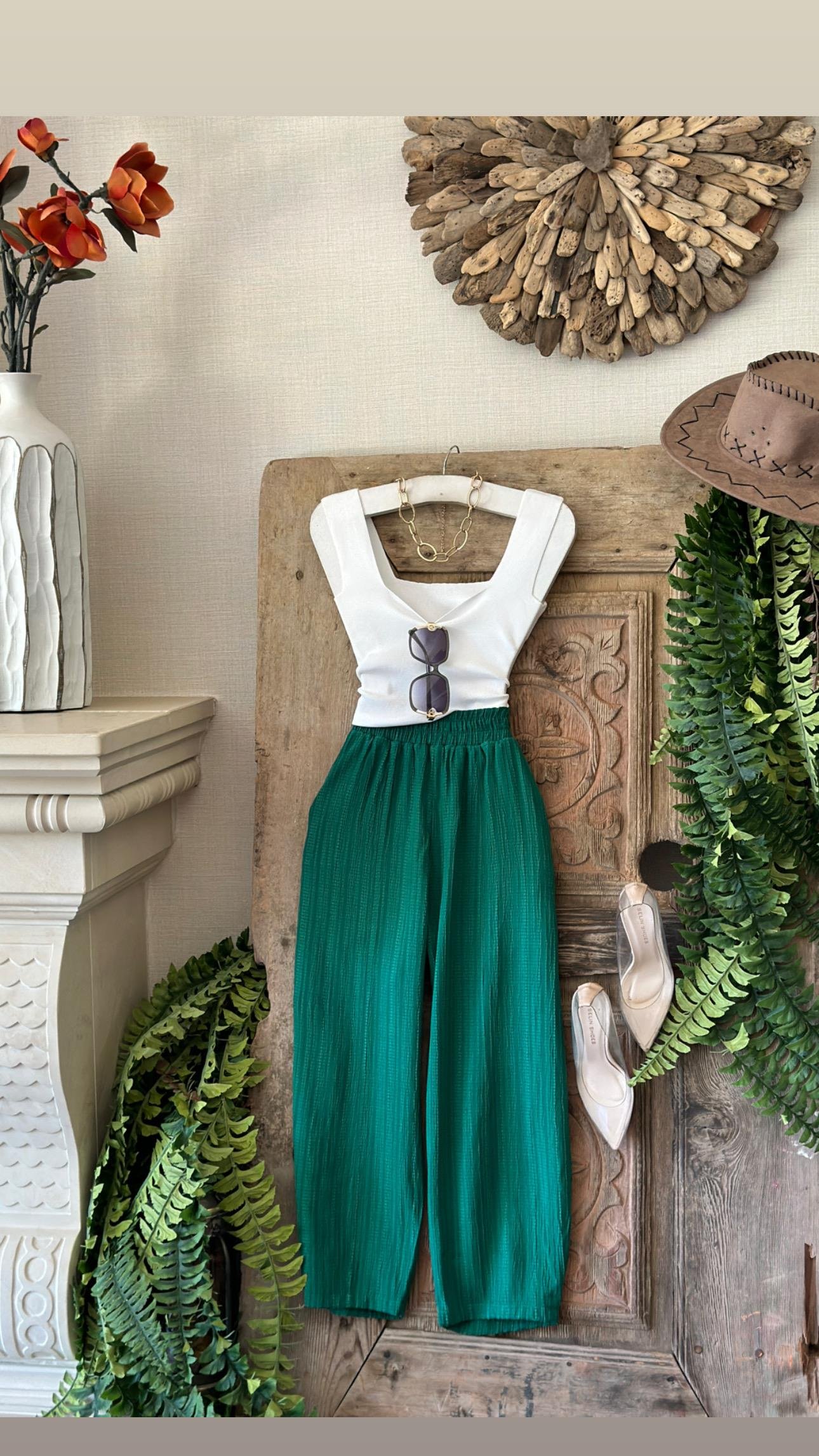 Ağaç Kabuğu Kumaş Beli Yüksek Bel Lastikli Rahat Kesim Pantolon 