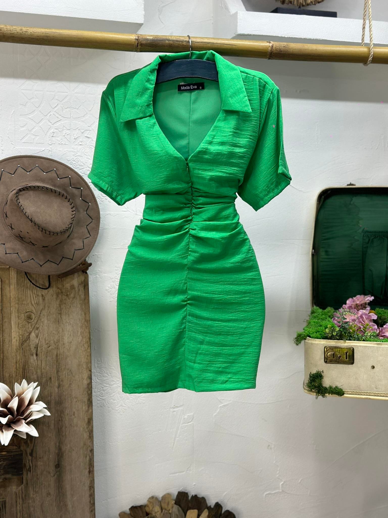 Agaç Kabuğu Kumaş Büzgü Dikişli Fermuar Detay Elbise