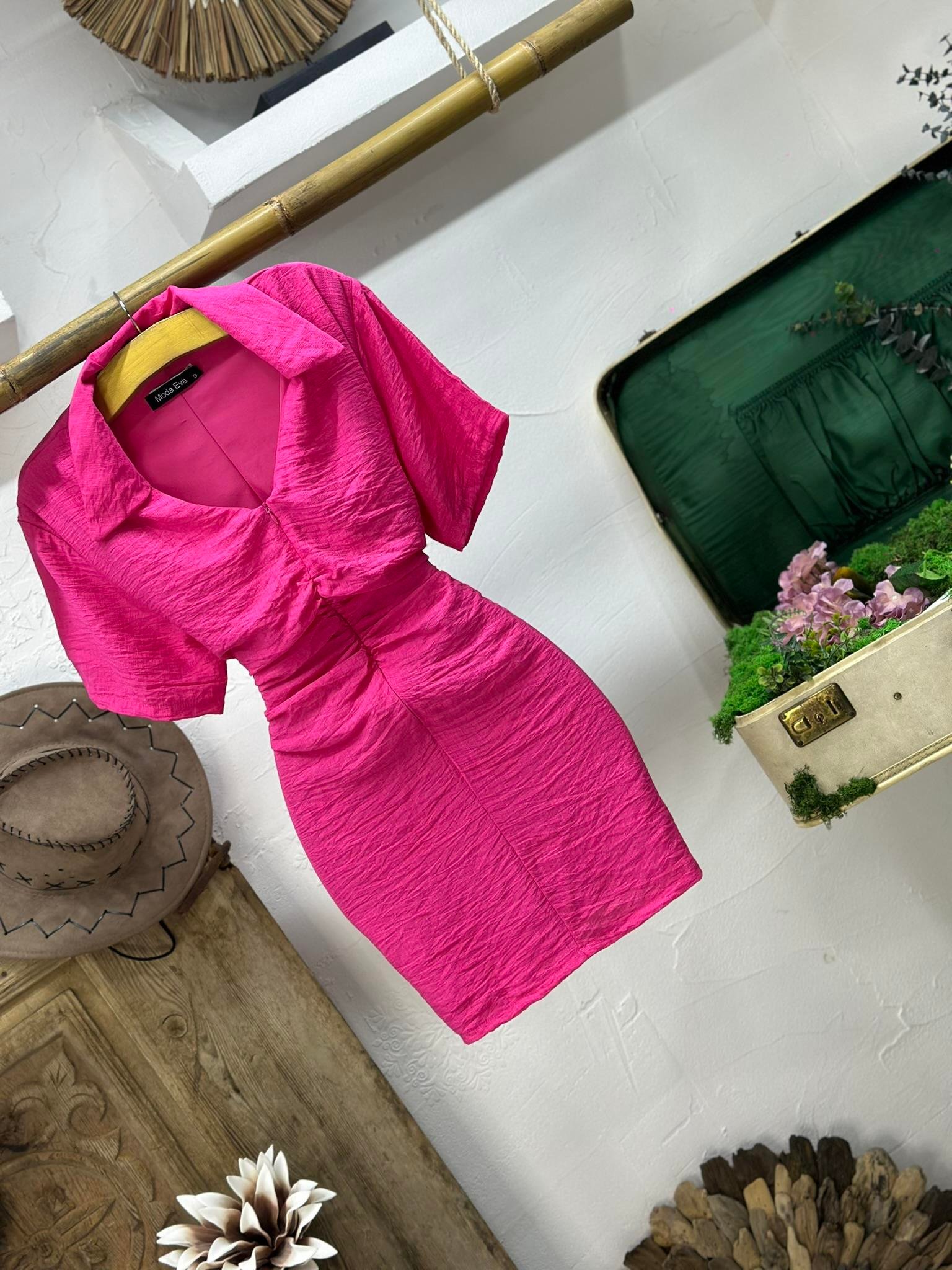 Agaç Kabuğu Kumaş Büzgü Dikişli Fermuar Detay Elbise