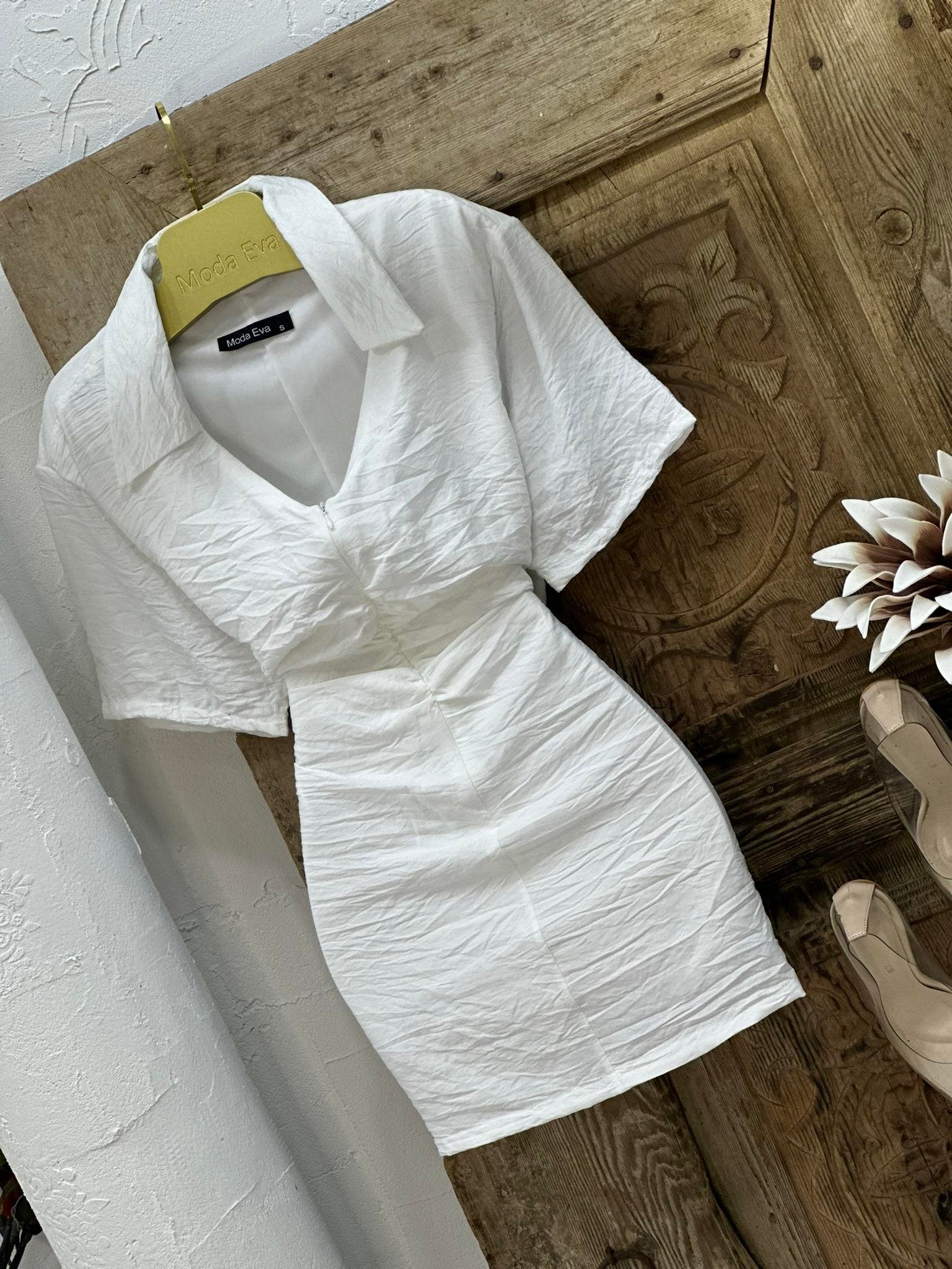 Agaç Kabuğu Kumaş Büzgü Dikişli Fermuar Detay Elbise