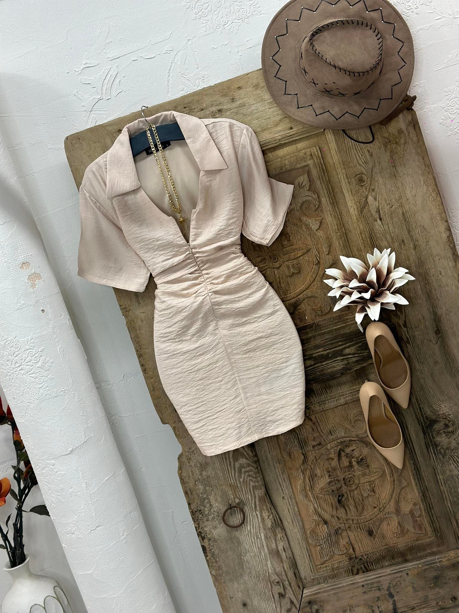 Agaç Kabuğu Kumaş Büzgü Dikişli Fermuar Detay Elbise