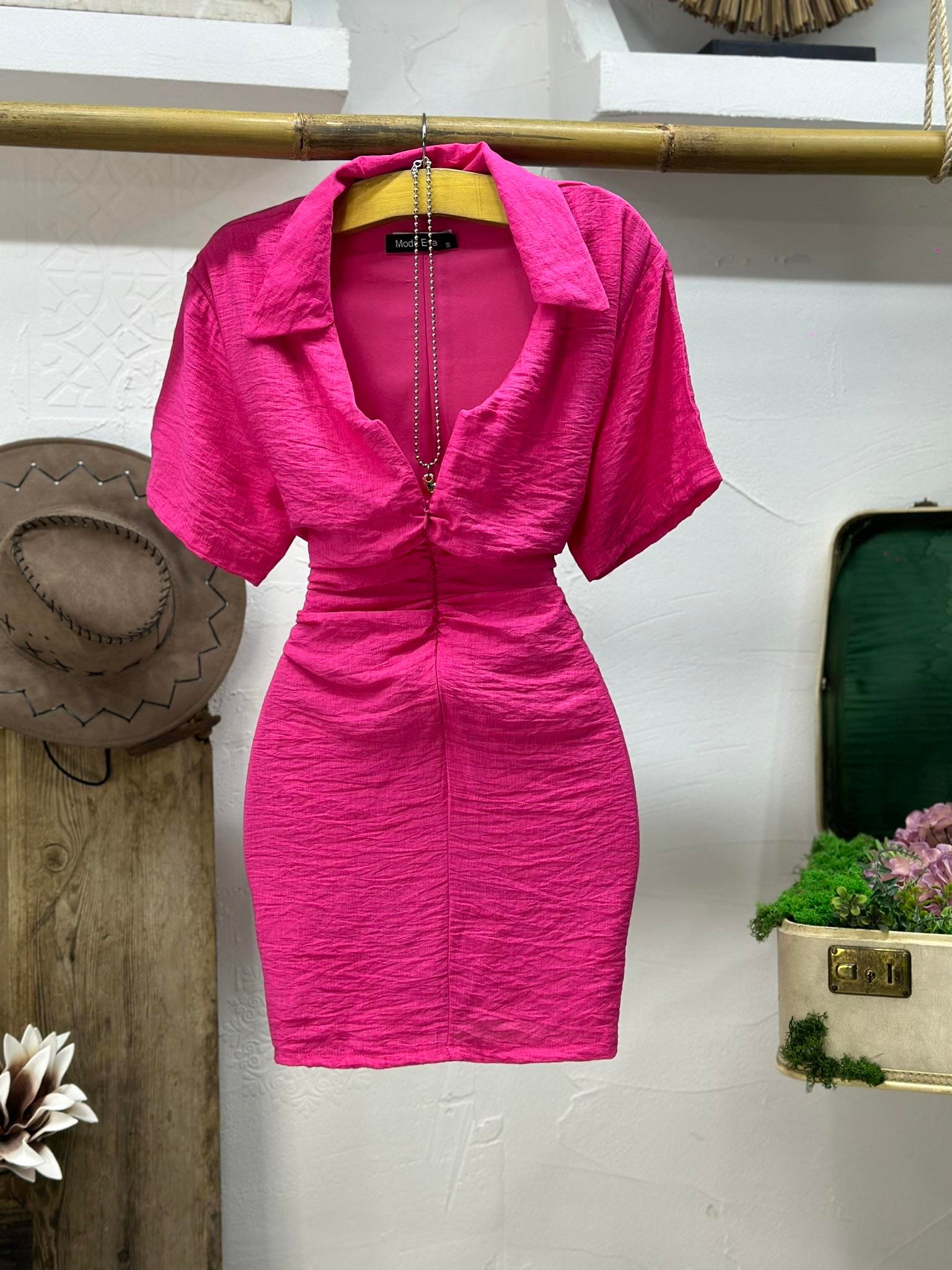 Agaç Kabuğu Kumaş Büzgü Dikişli Fermuar Detay Elbise