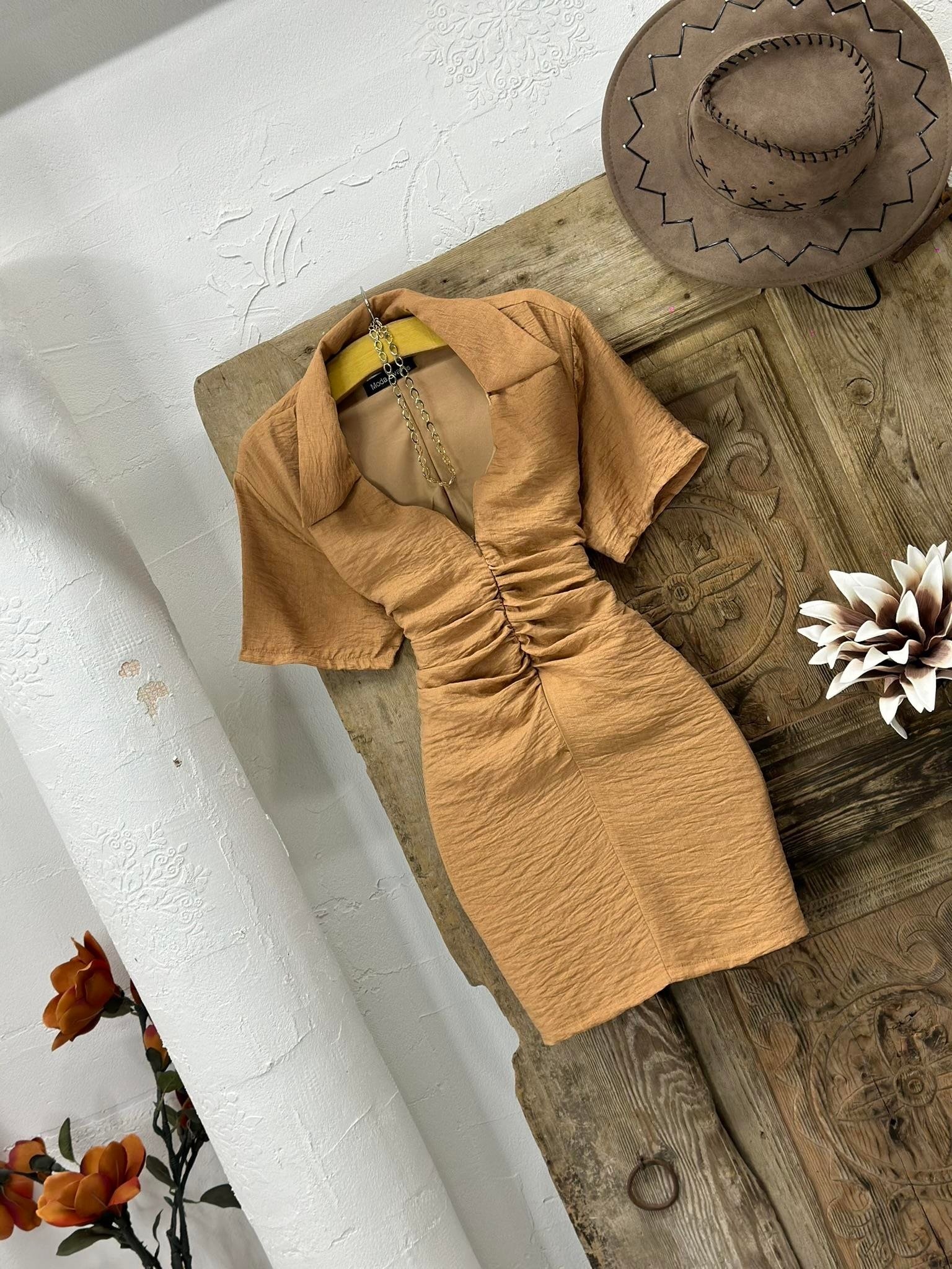 Agaç Kabuğu Kumaş Büzgü Dikişli Fermuar Detay Elbise