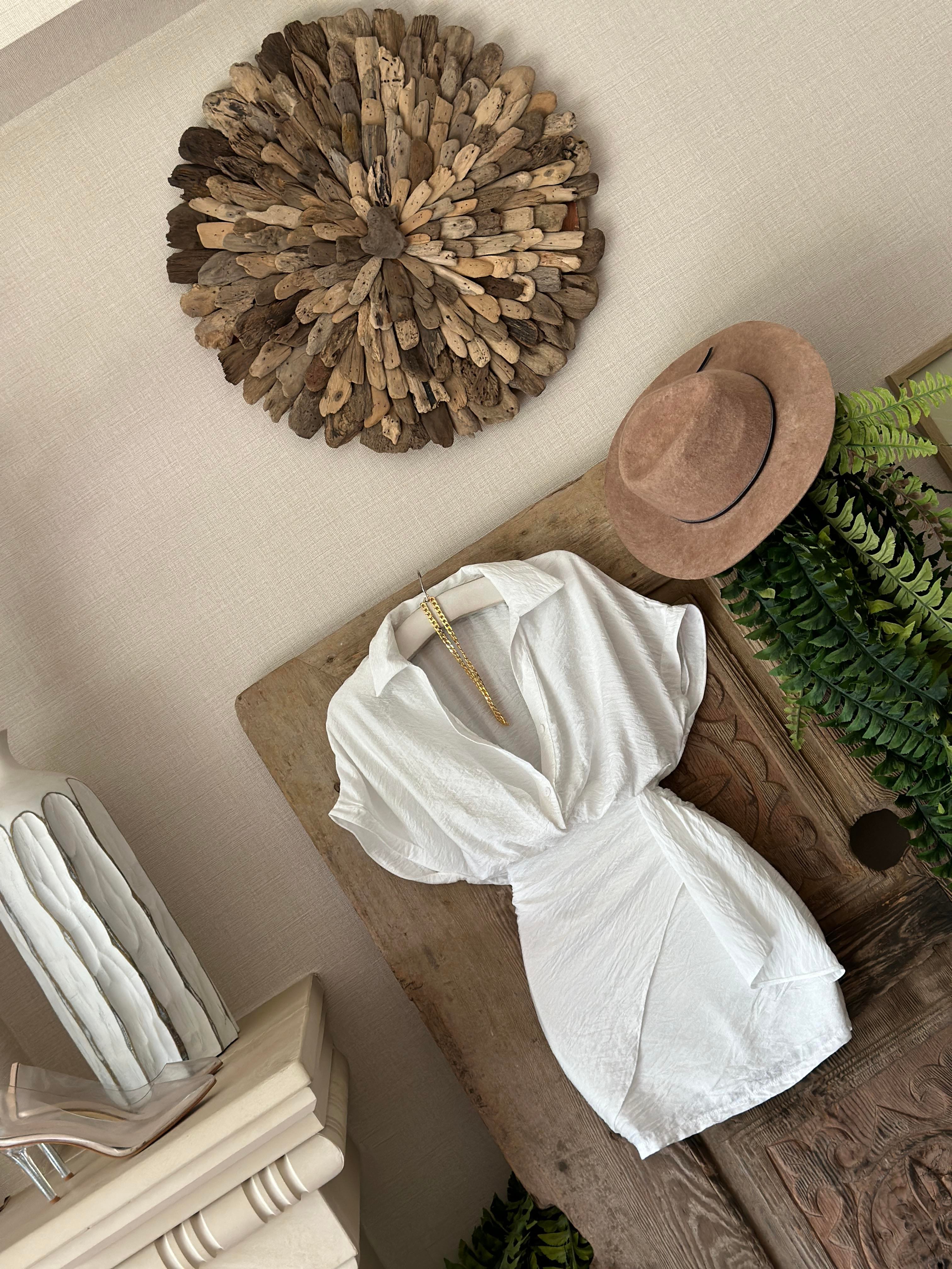 Ağaç Kabuğu Kumaş Gömlek Yaka Bağlama Detaylı Beyaz Elbise