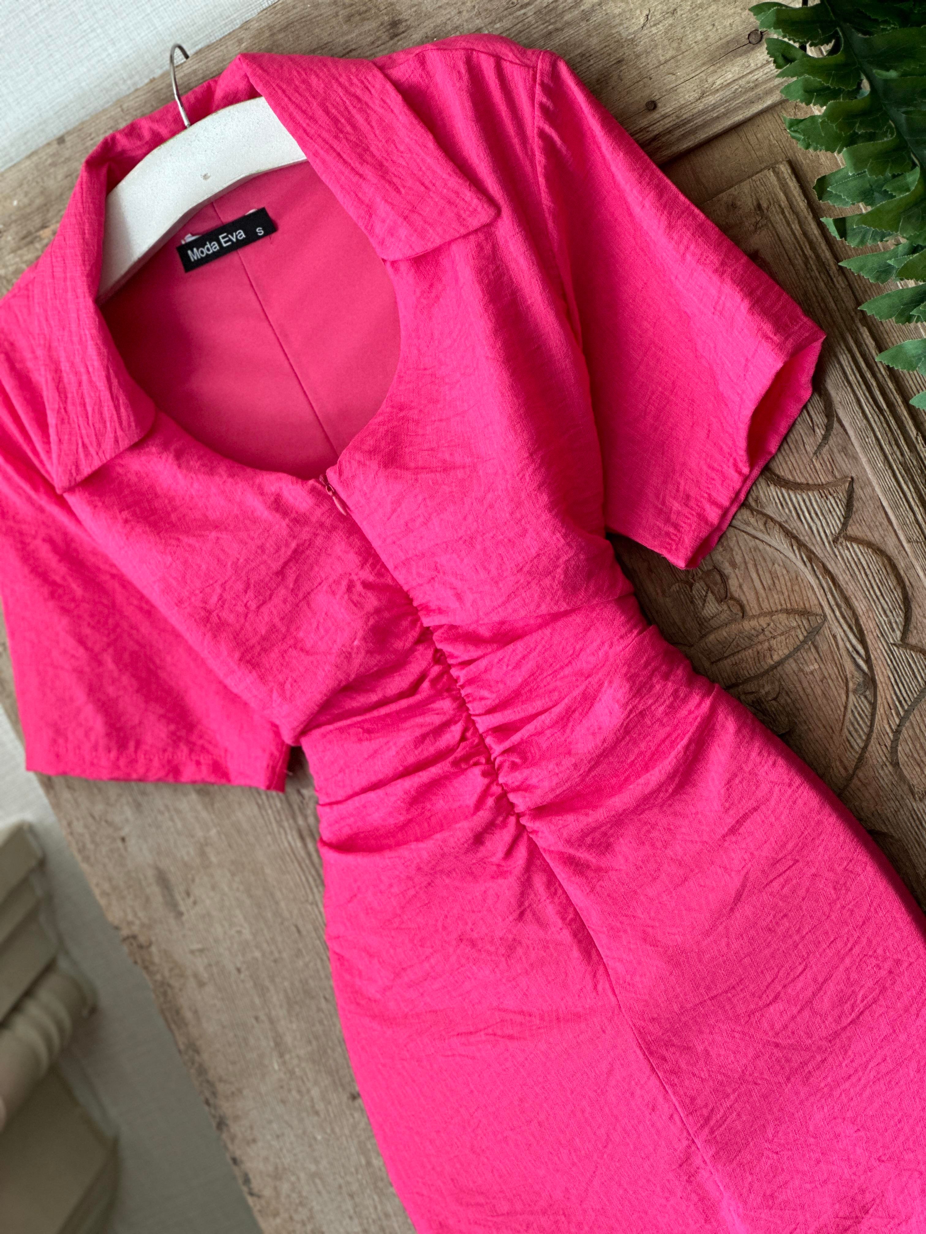 Ağaç Kabuğu Kumaş Gömlek Yaka Drape Dikişli Elbise