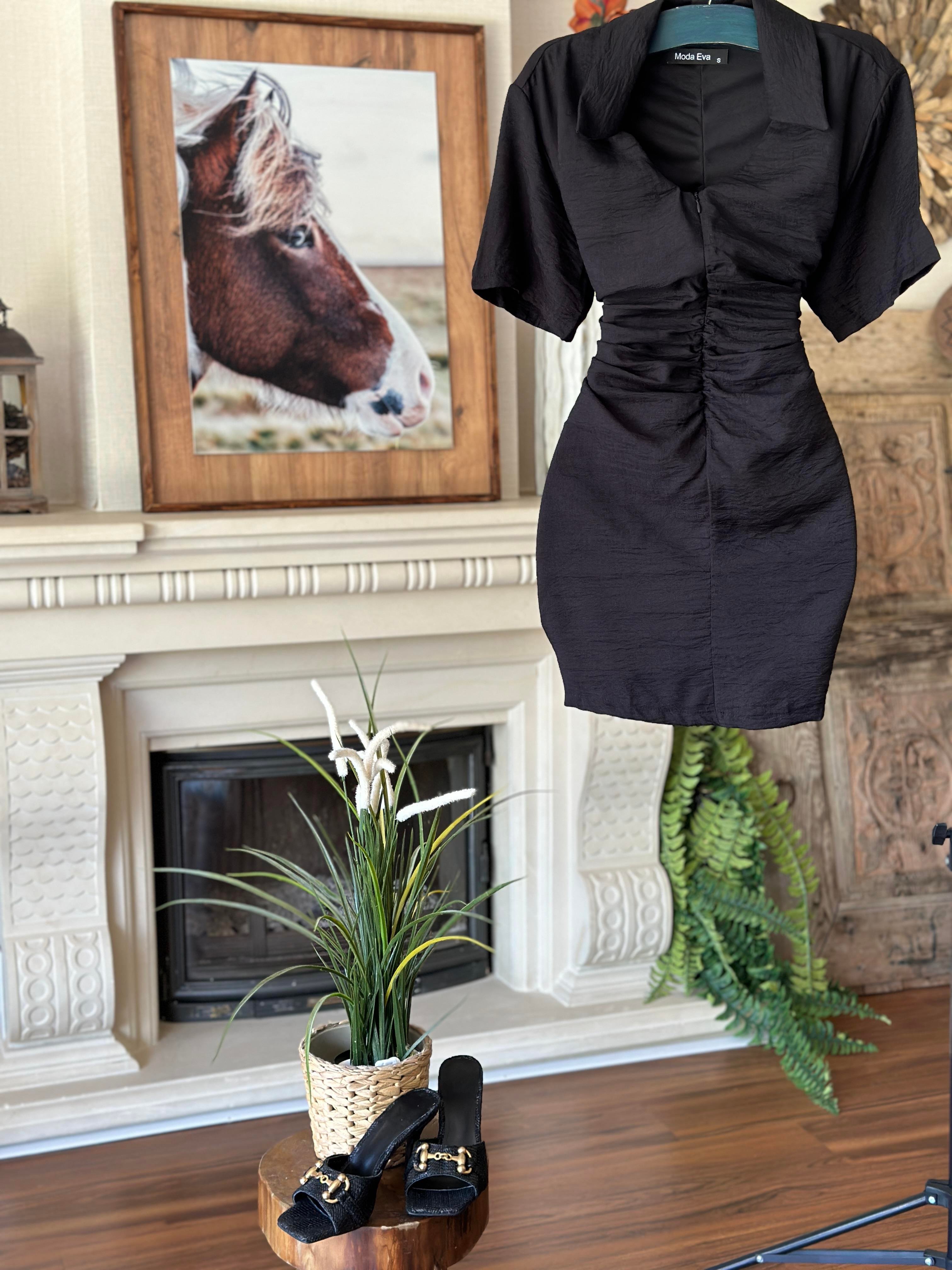 Ağaç Kabuğu Kumaş Gömlek Yaka Drape Dikişli Elbise