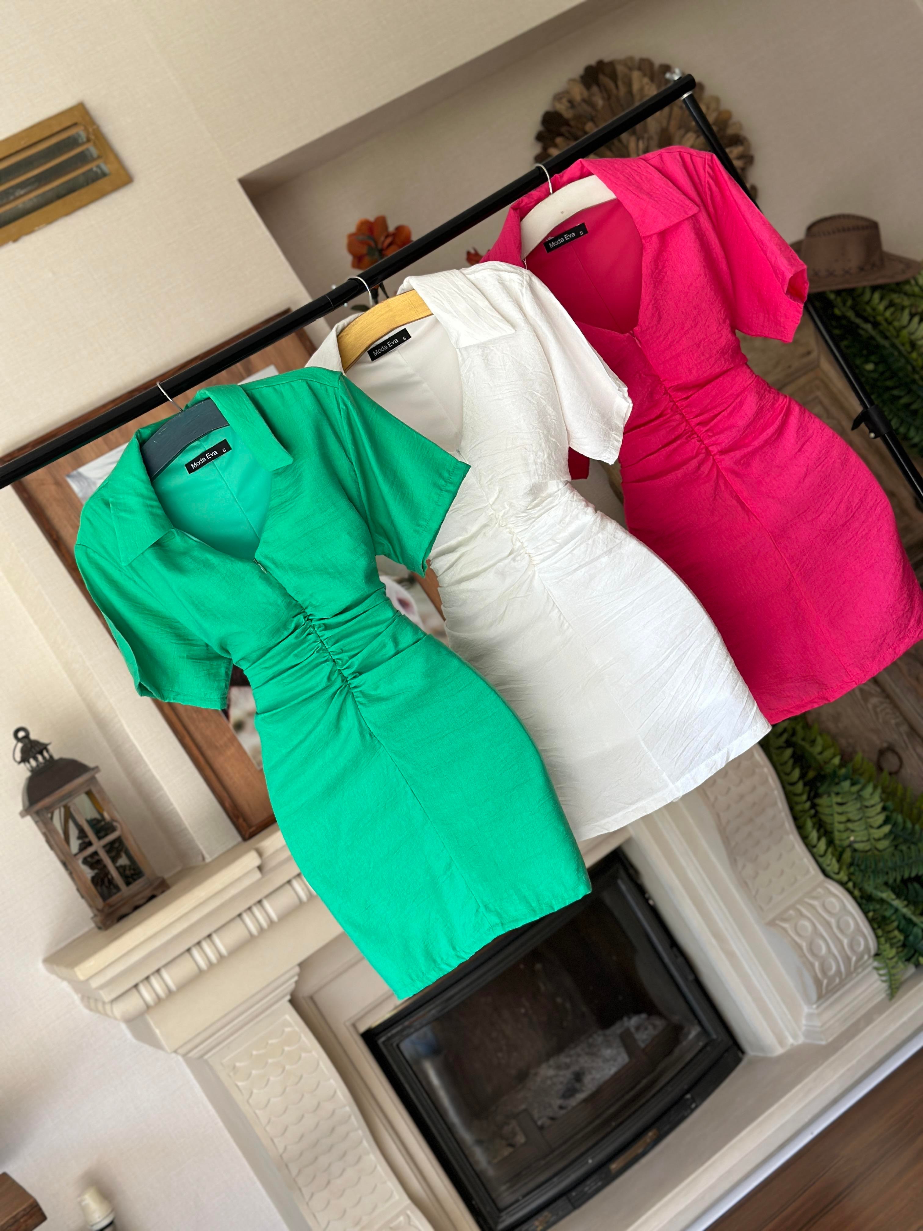 Ağaç Kabuğu Kumaş Gömlek Yaka Drape Dikişli Elbise