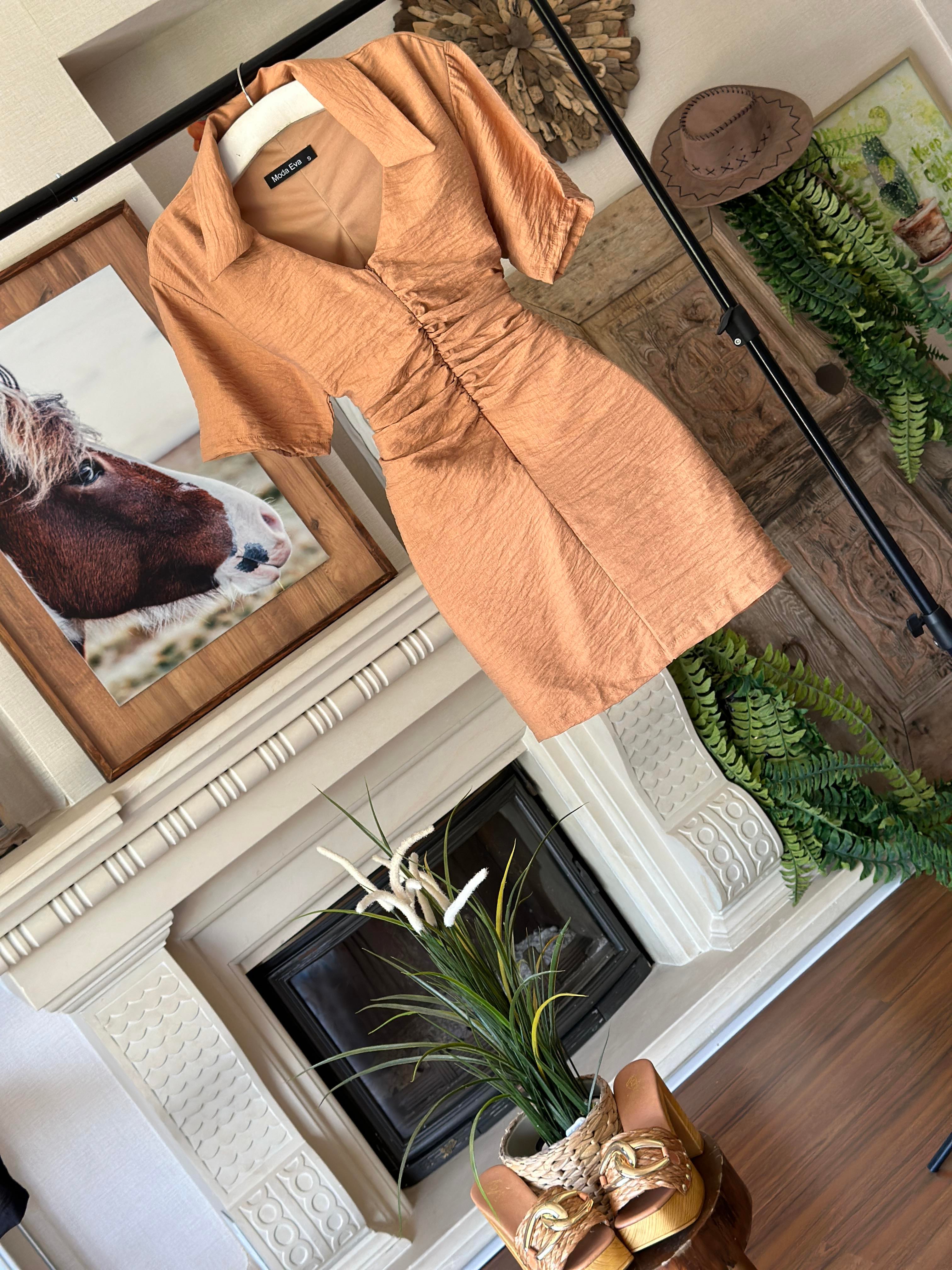 Ağaç Kabuğu Kumaş Gömlek Yaka Drape Dikişli Elbise