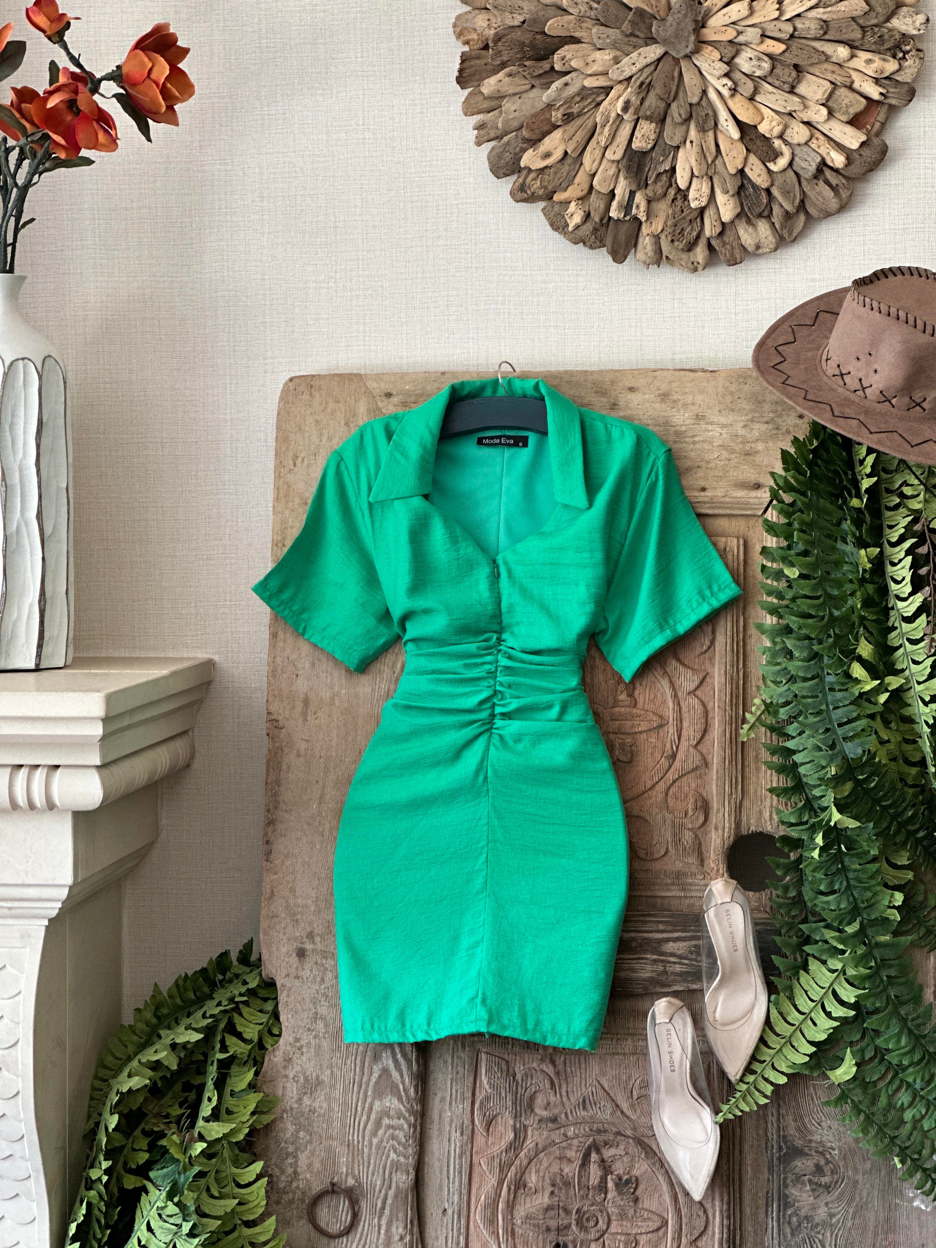 Ağaç Kabuğu Kumaş Gömlek Yaka Drape Dikişli Elbise