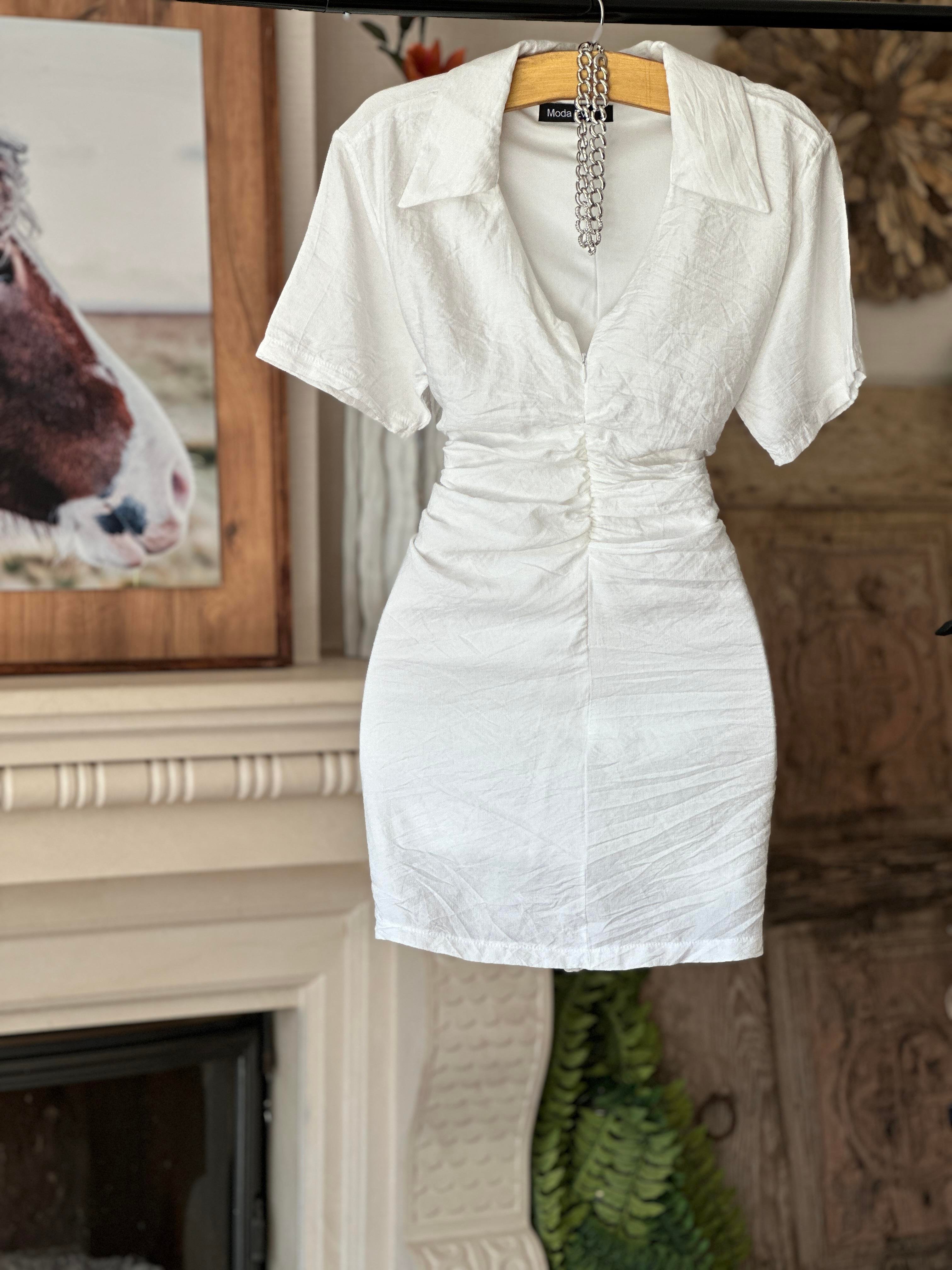 Ağaç Kabuğu Kumaş Gömlek Yaka Drape Dikişli Elbise