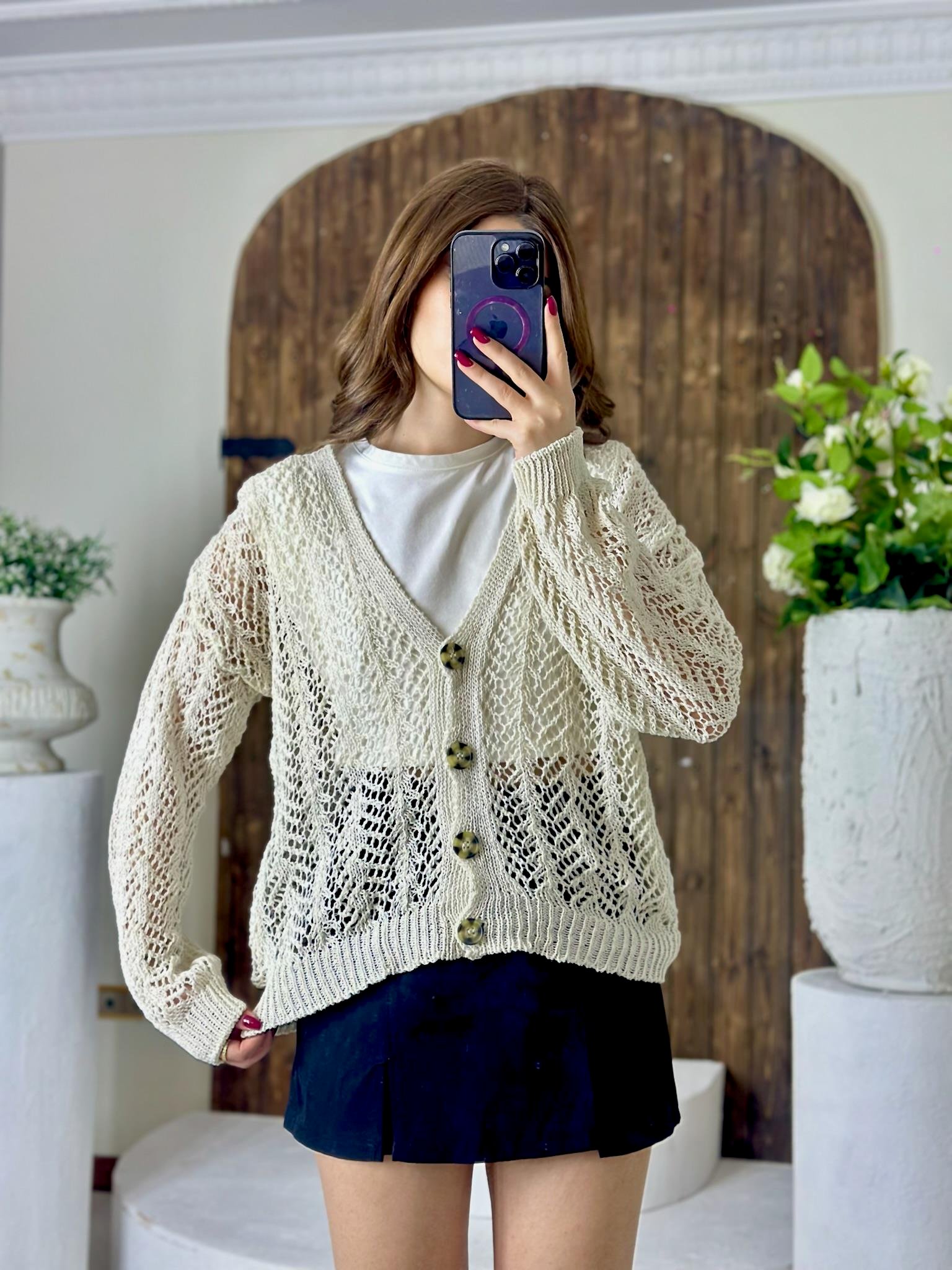 Ajur Desenli Rahat Kalıp Triko Hırka Bej