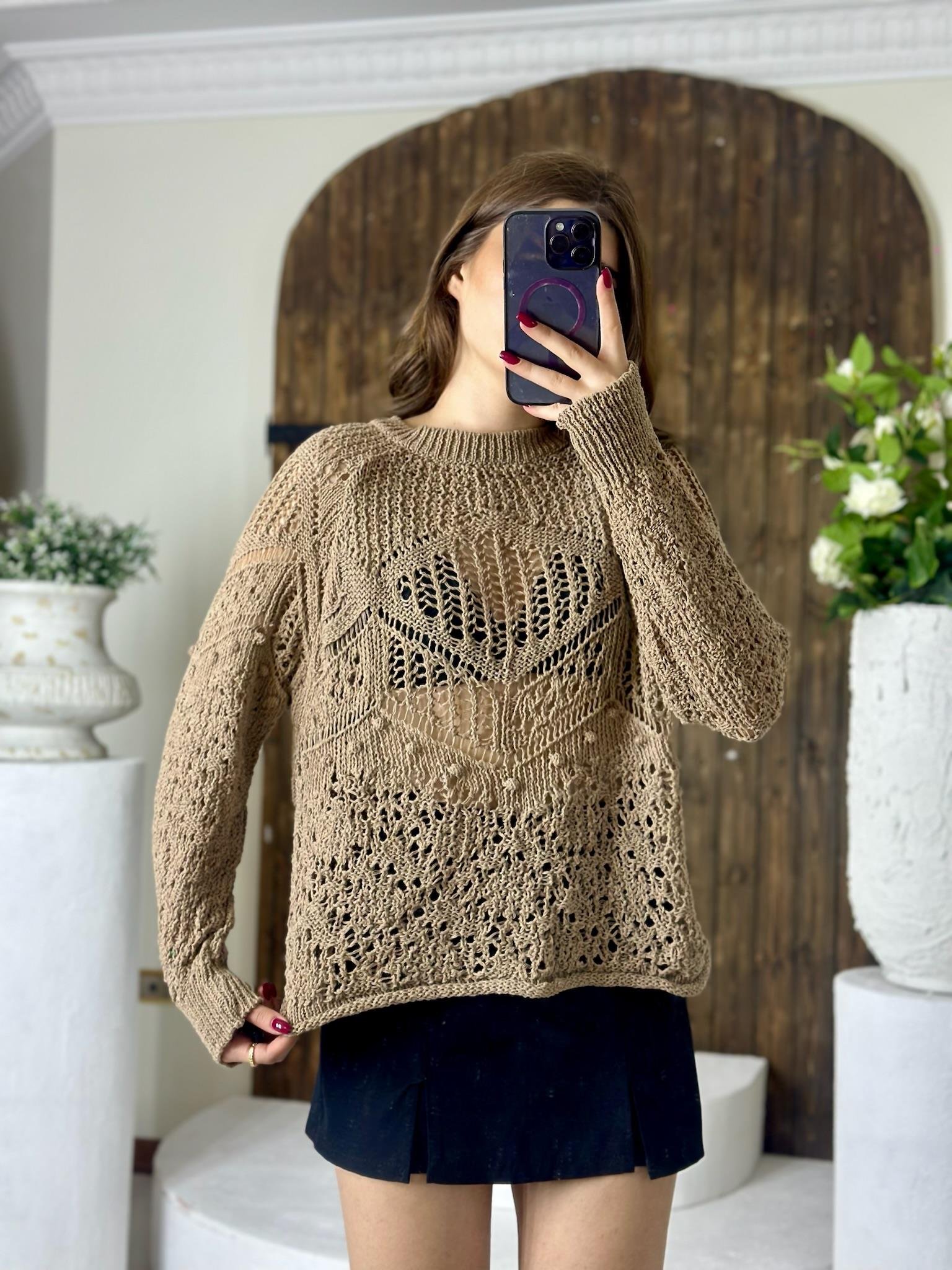 Ajur Desenli Rahat Kalıp Triko Vizon  Kazak