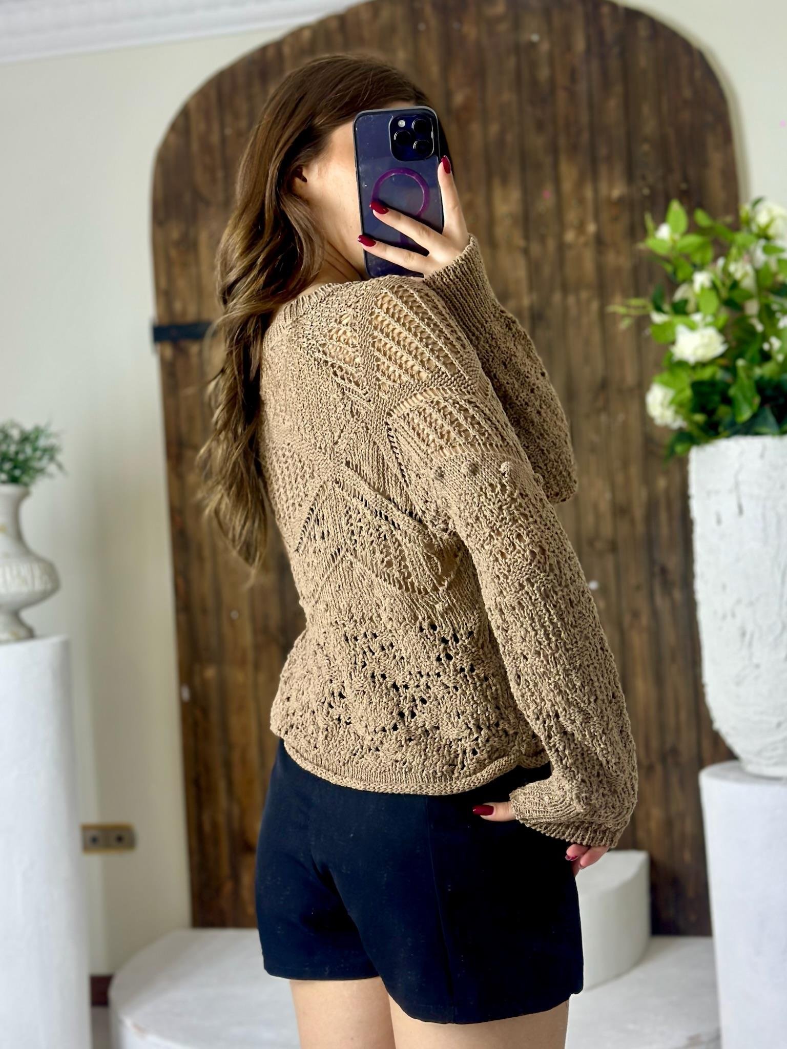 Ajur Desenli Rahat Kalıp Triko Vizon  Kazak