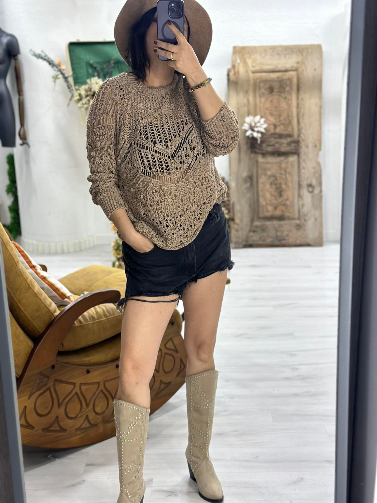 Ajur Desenli Rahat Kalıp Triko Vizon  Kazak