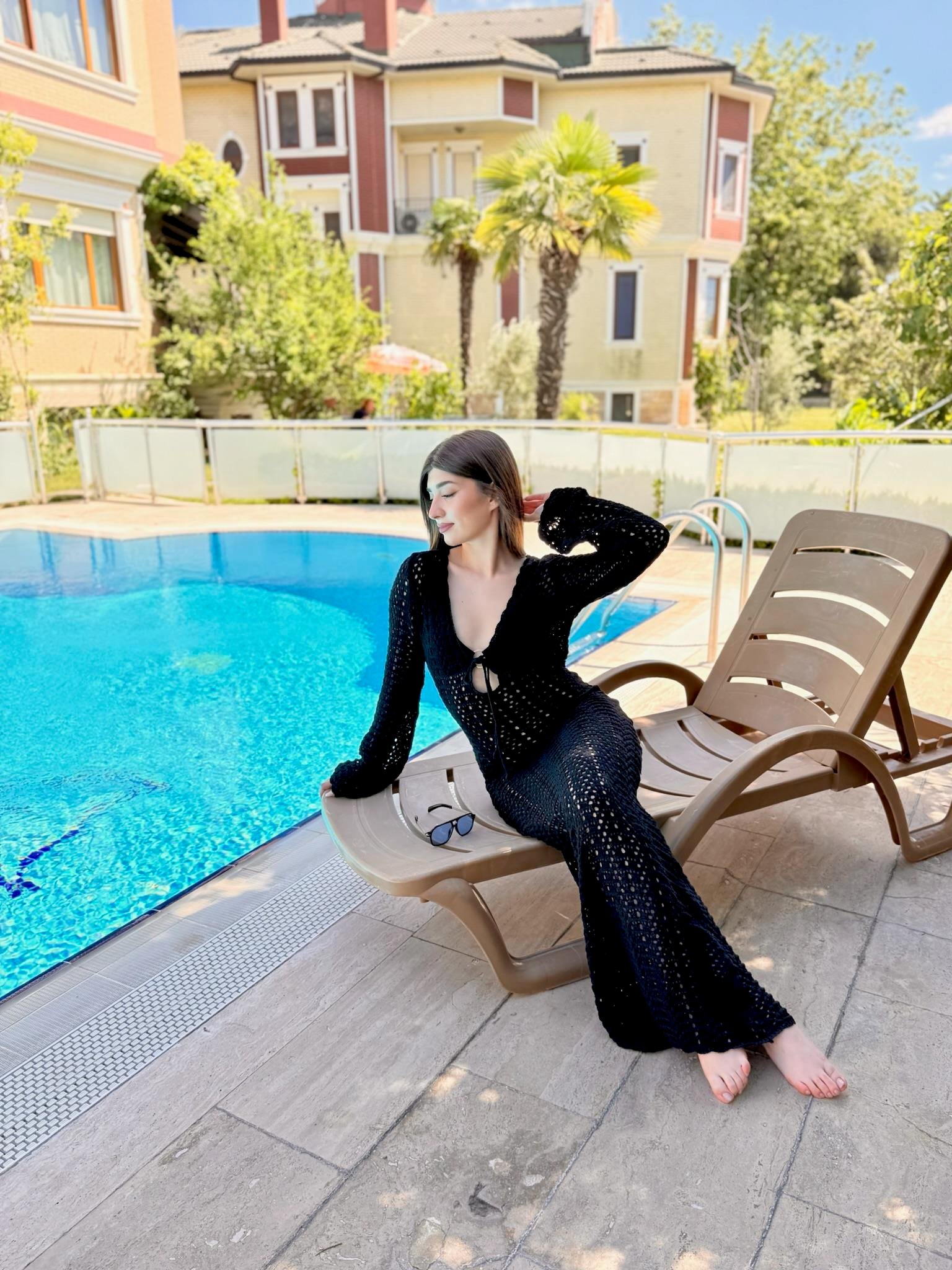 Ajur Triko V Yaka Uzun Elbise Siyah