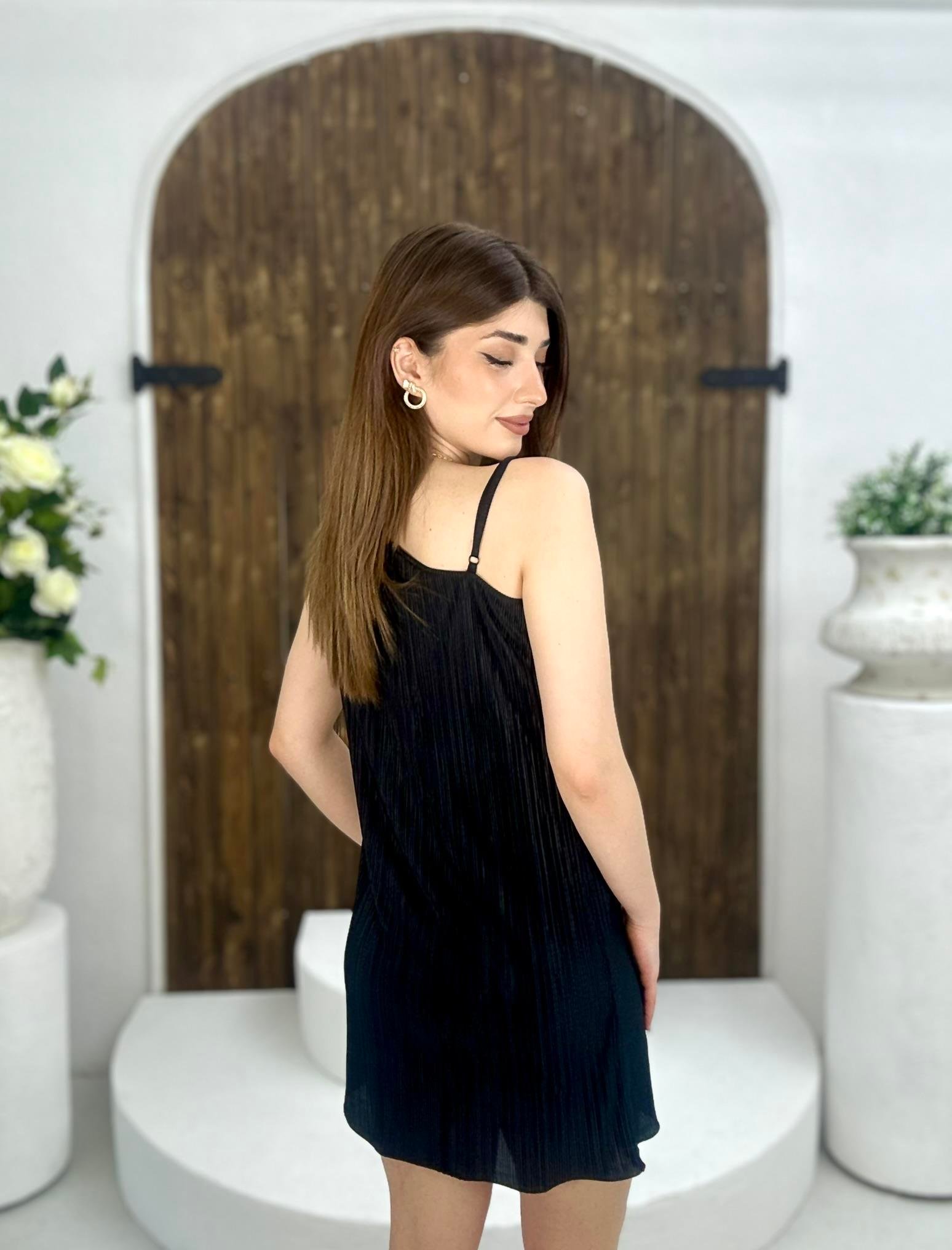 Akordiyon Kumaş Tek Omuz Askılı Elbise Siyah