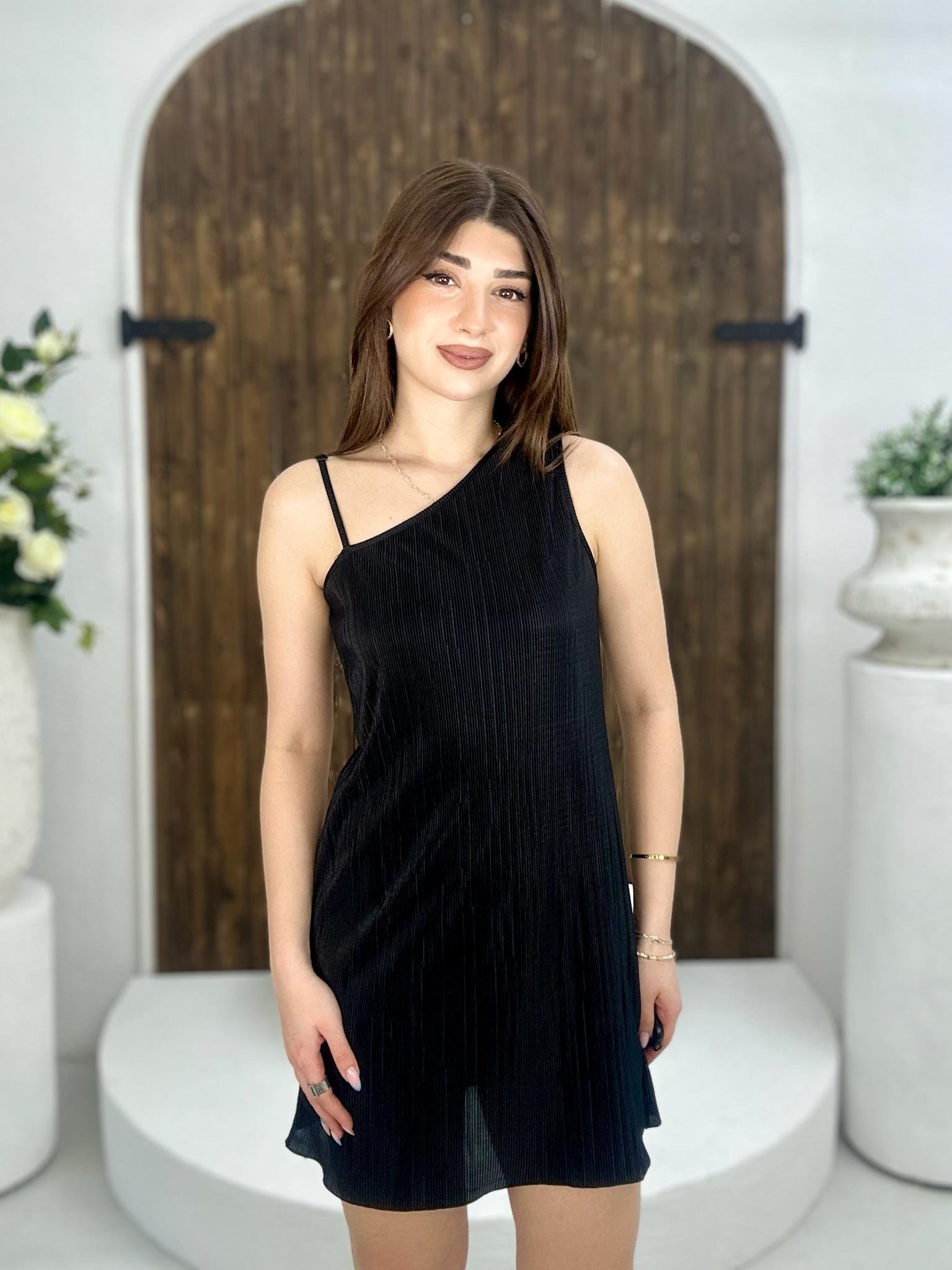 Akordiyon Kumaş Tek Omuz Askılı Elbise Siyah