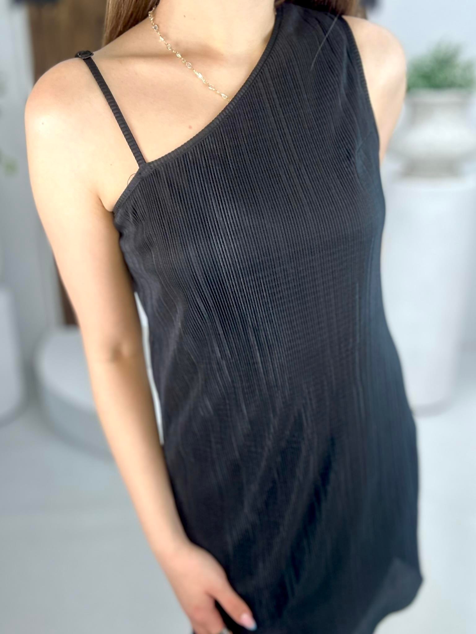 Akordiyon Kumaş Tek Omuz Askılı Elbise Siyah