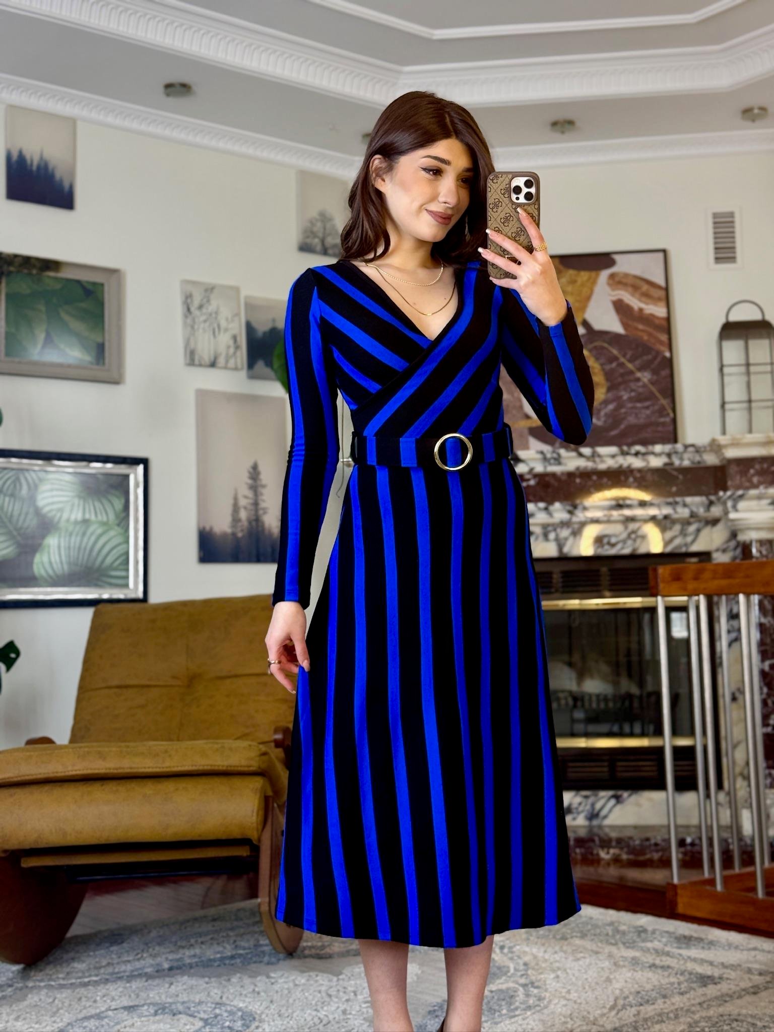 Akrilik Triko Kumaş Midi Boy Çizgi Desen Kaplama Kemerli  Elbise Saks