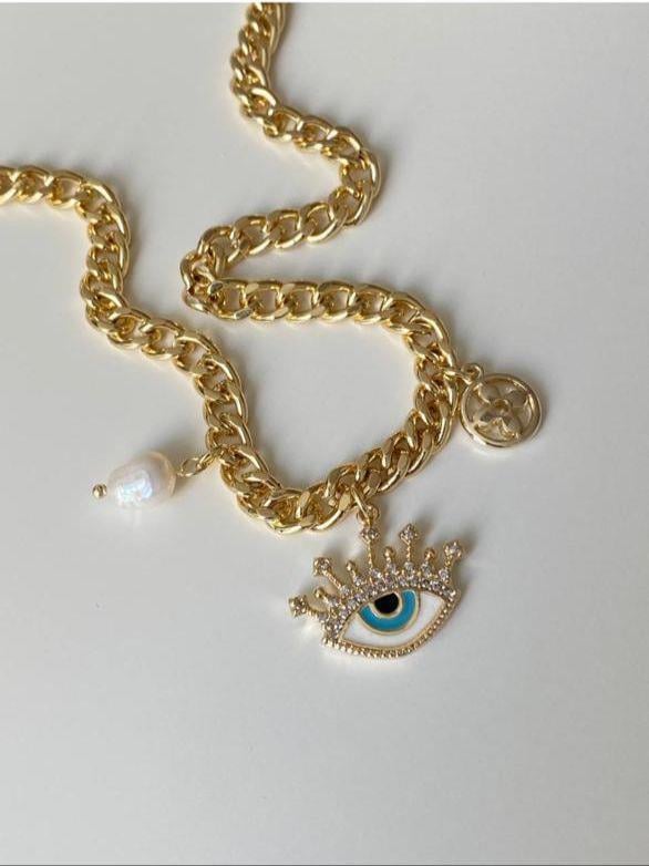 Altın Kaplama Çelik Zirkon Taşlı Göz Charm Kolye 