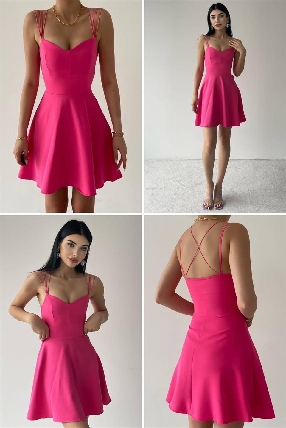 Askı Detaylı Sırt Çapraz Renkli Kloş Atlas Elbise 