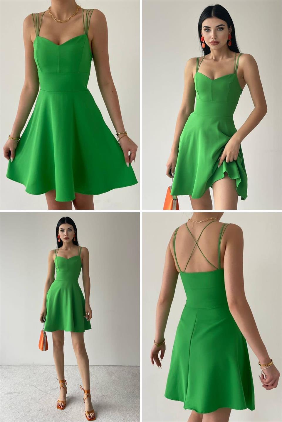 Askı Detaylı Sırt Çapraz Renkli Kloş Atlas Elbise 