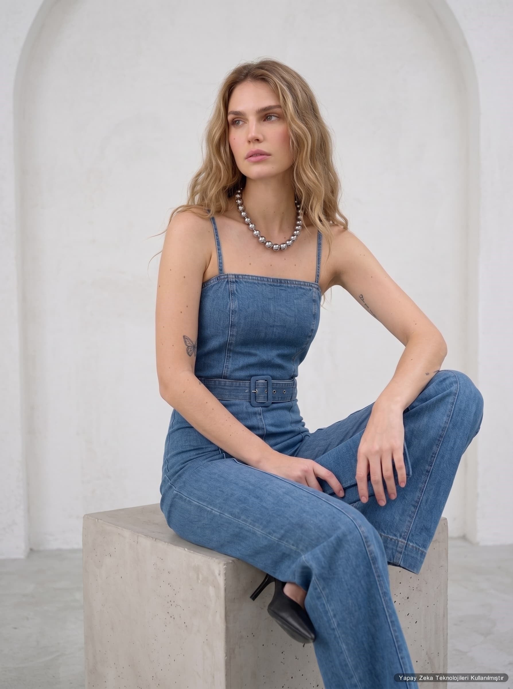 Askılı Kemerli Likralı Jean Tulum Lacivert