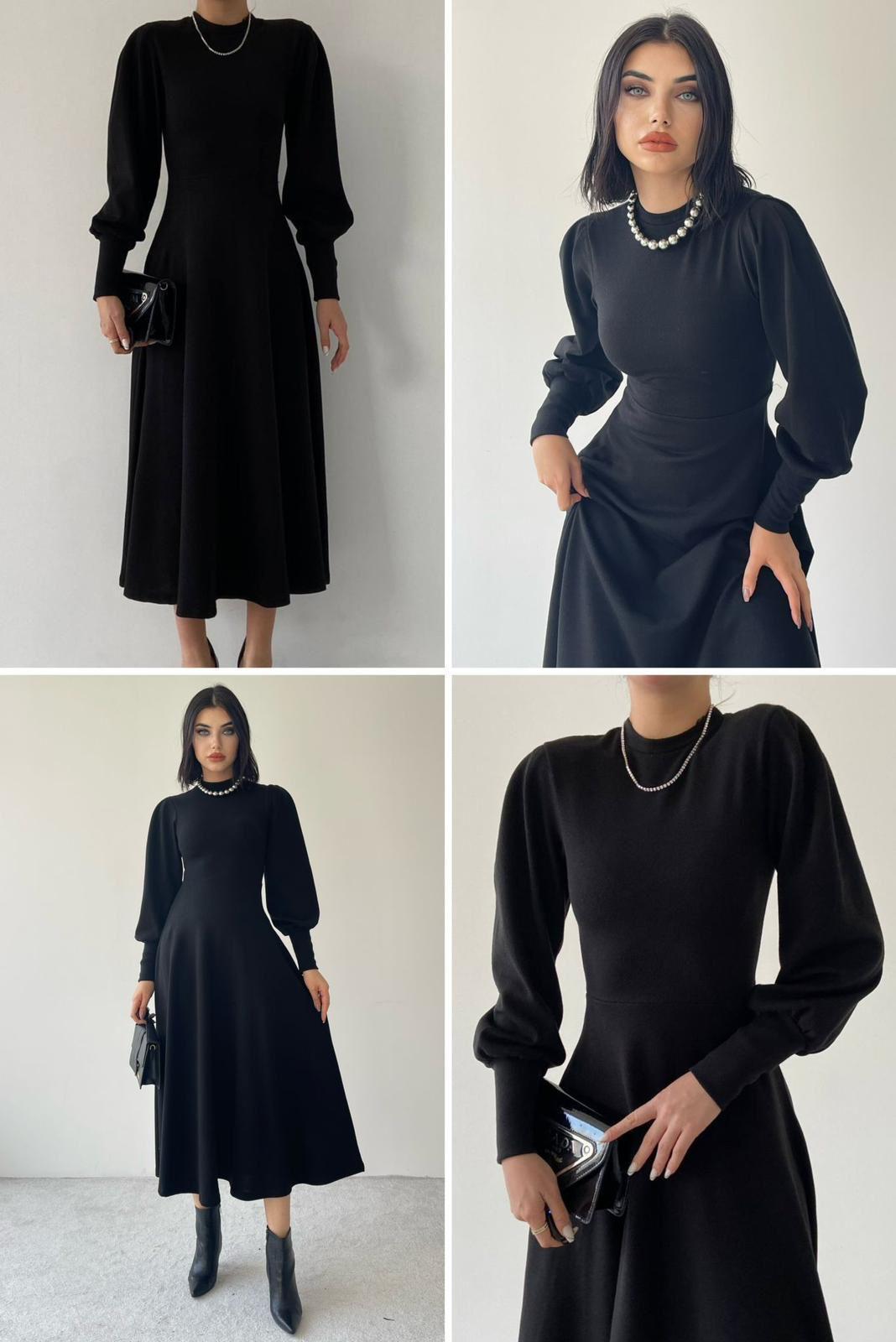 Atlas Kumaş Balon Kol Tasarım Midi Boy Elbise