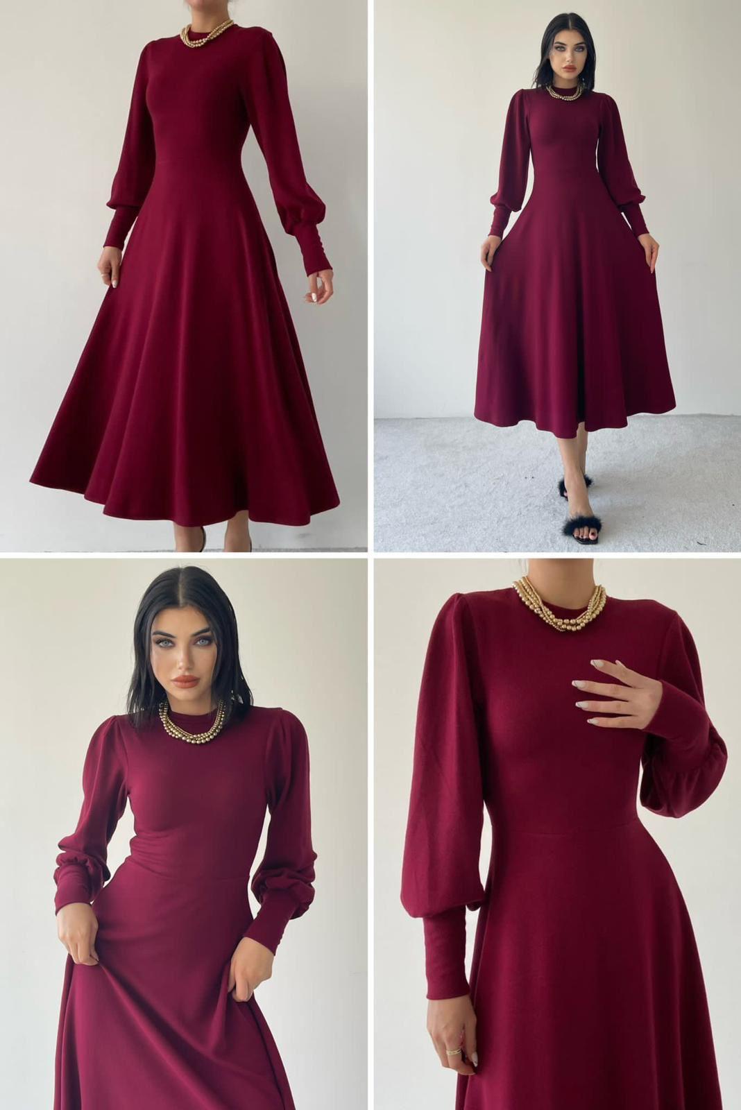 Atlas Kumaş Balon Kol Tasarım Midi Boy Elbise